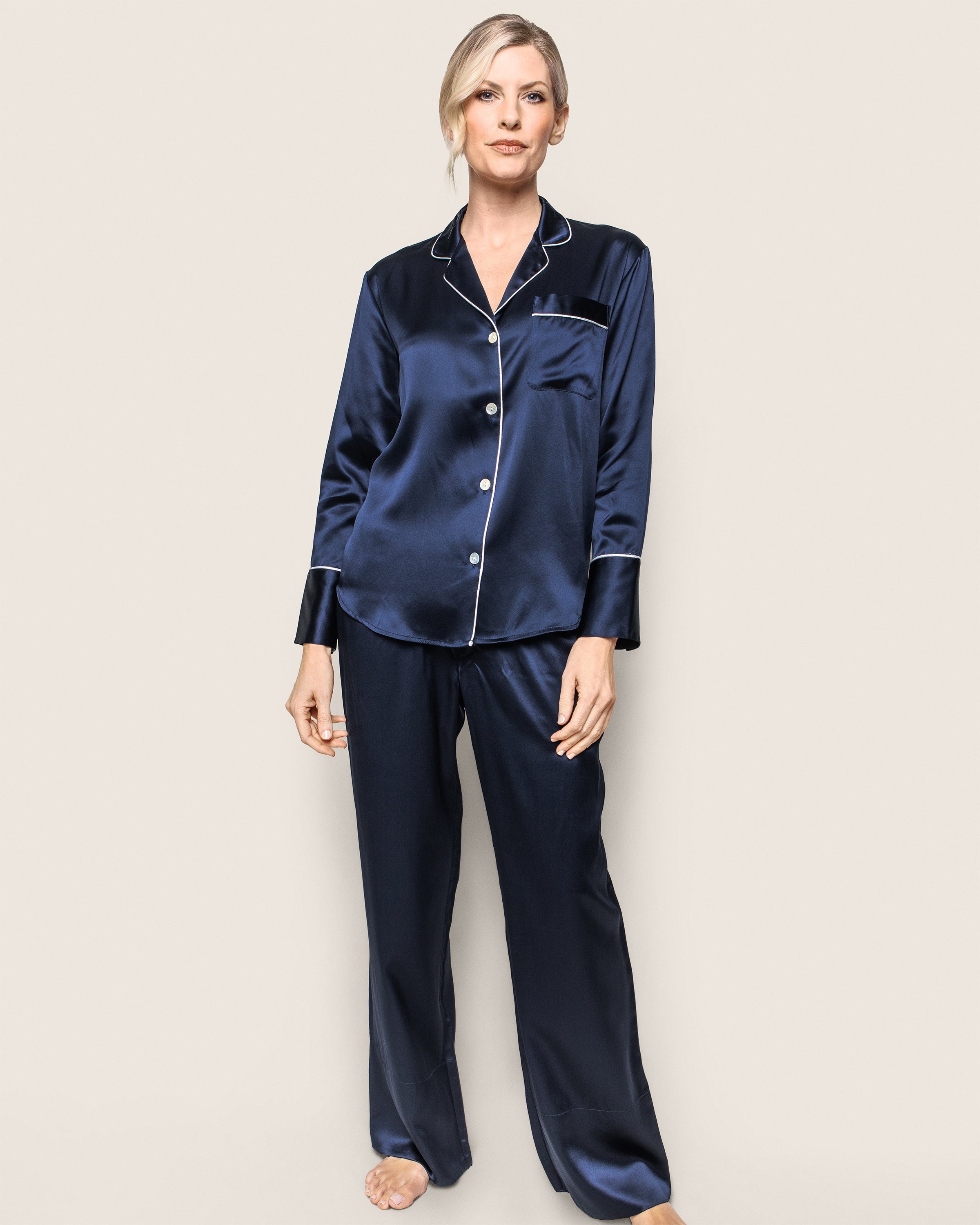 Women's Silk Pajama Set in Navy