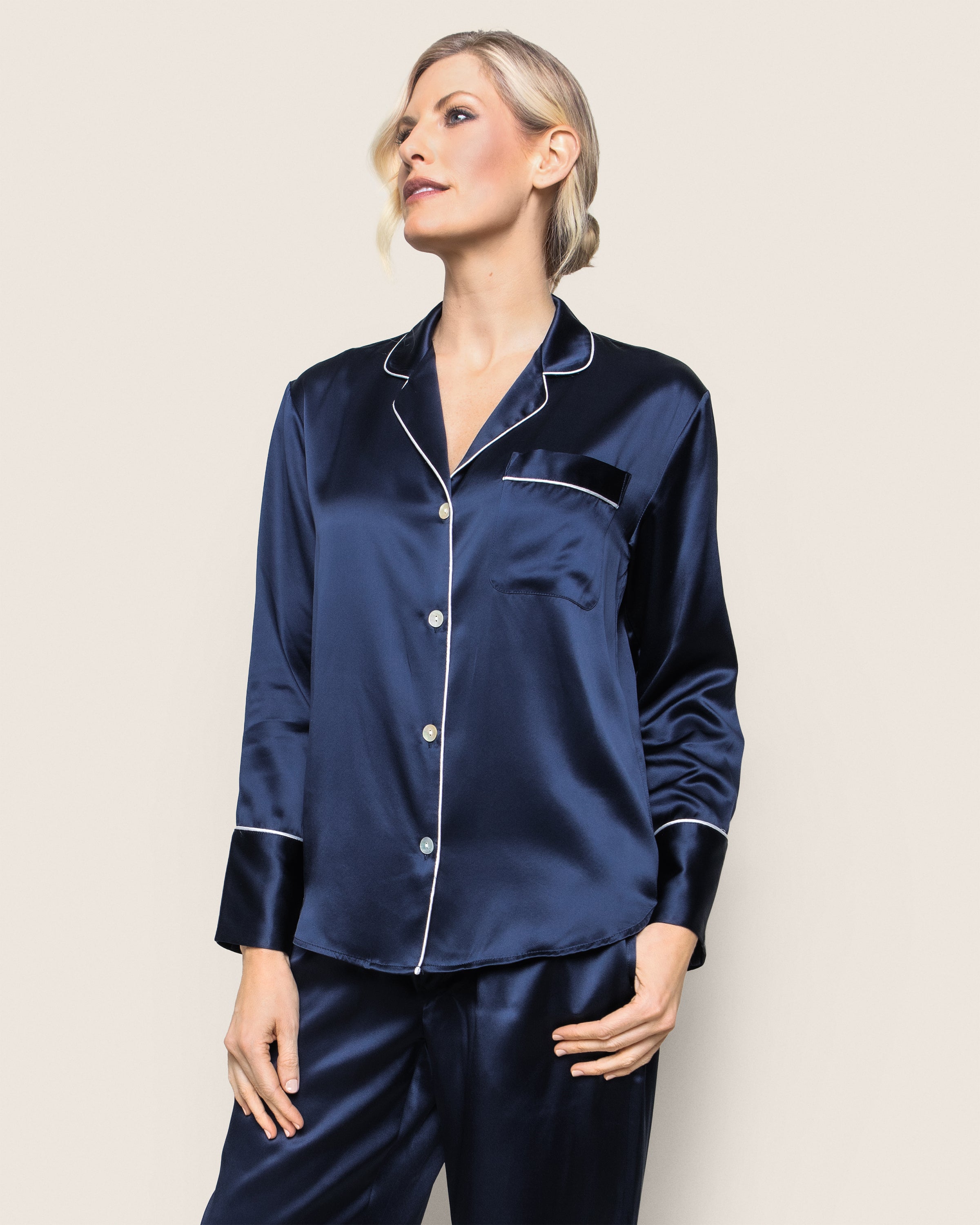 Women's Silk Pajama Set in Navy