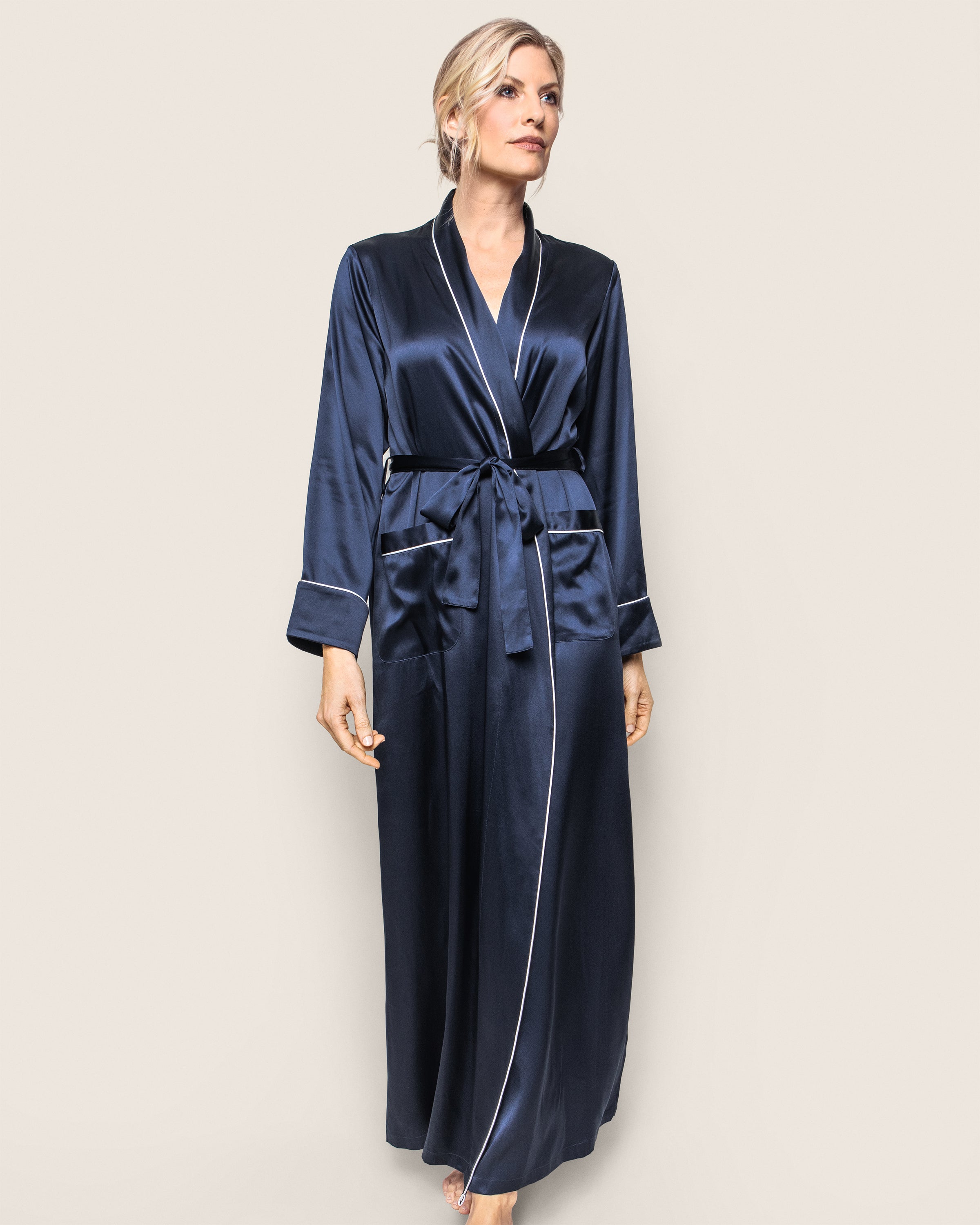 Women's Silk Long Robe in Navy