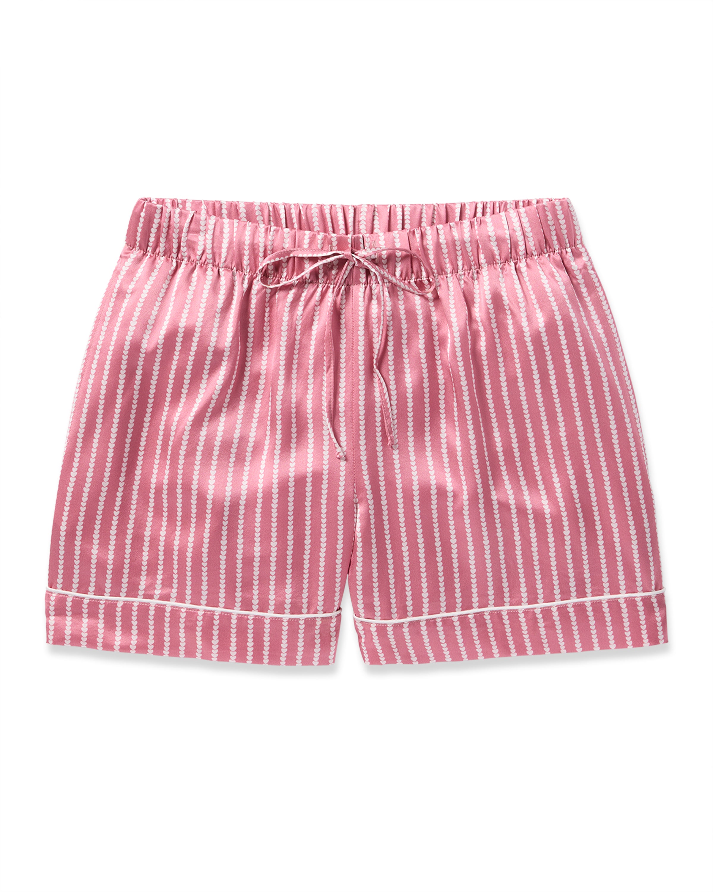 Petite Plume Womens Silk Shorts in Love Lines feature pink and white vertical stripes, an elastic waistband with a drawstring, a silky texture, and a relaxed fit with lightly cuffed hems—perfect for comfort and style.