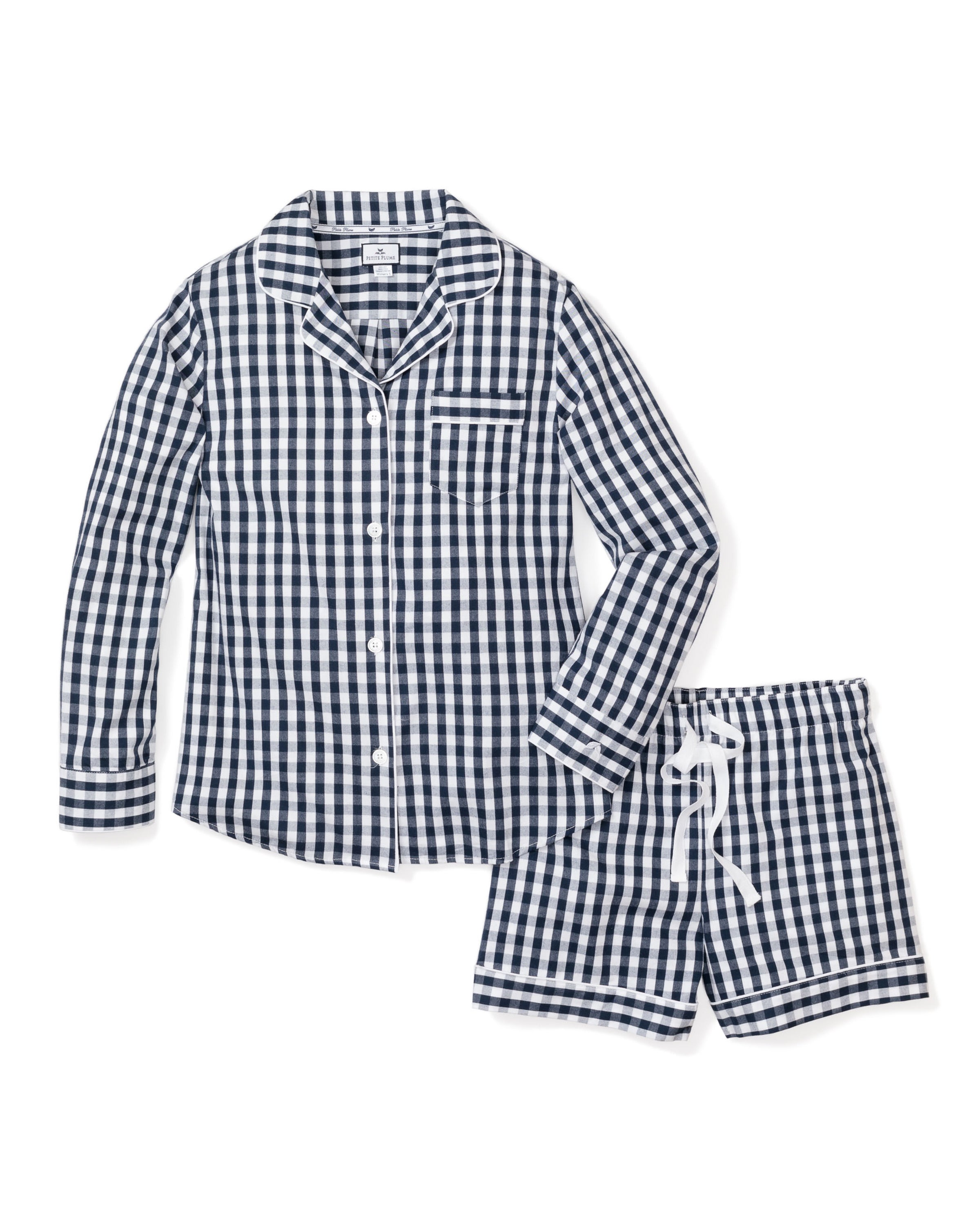 Women's Twill Pajama Long Sleeve Short Set in Navy Gingham