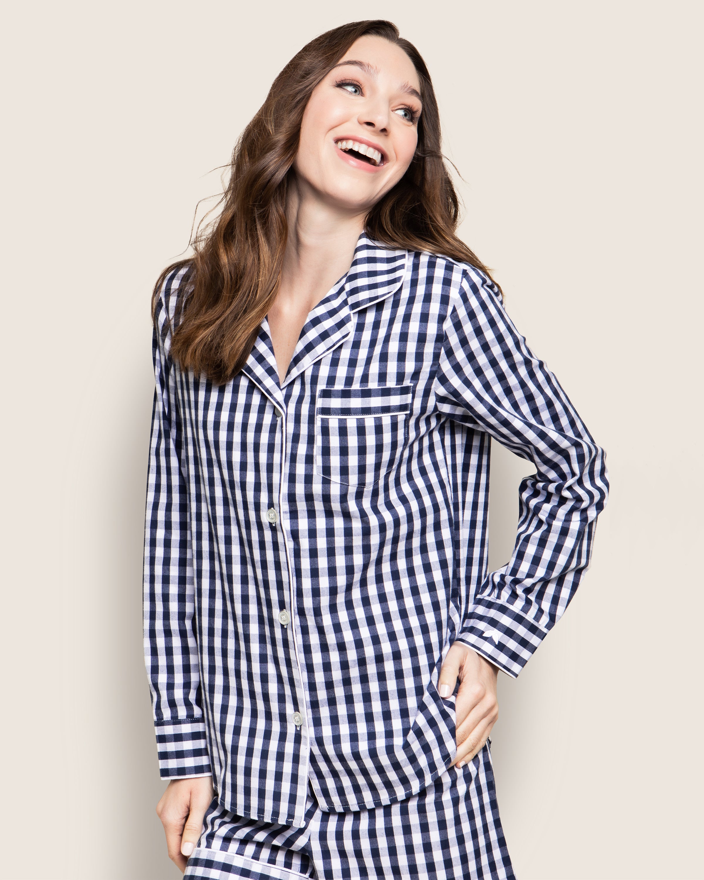 Women's Twill Pajama Long Sleeve Short Set in Navy Gingham