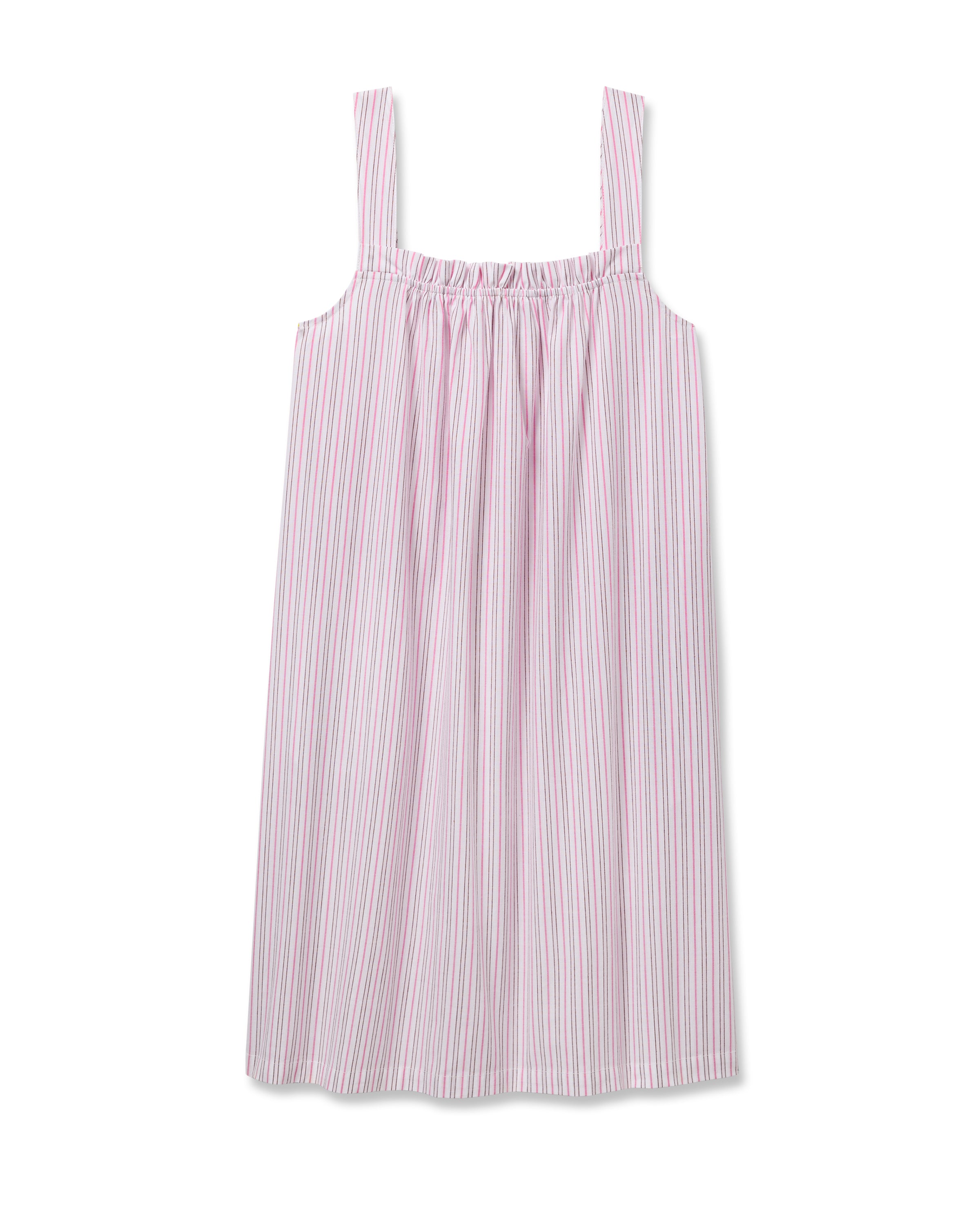 The Petite Plume Womens Twill Annabelle Nightgown in Blush Boulevard is luxury sleepwear with a gathered neckline and pink and white stripes. Featuring broad shoulder straps and a loose, flowing fit, it offers comfort and elegance on a white background.