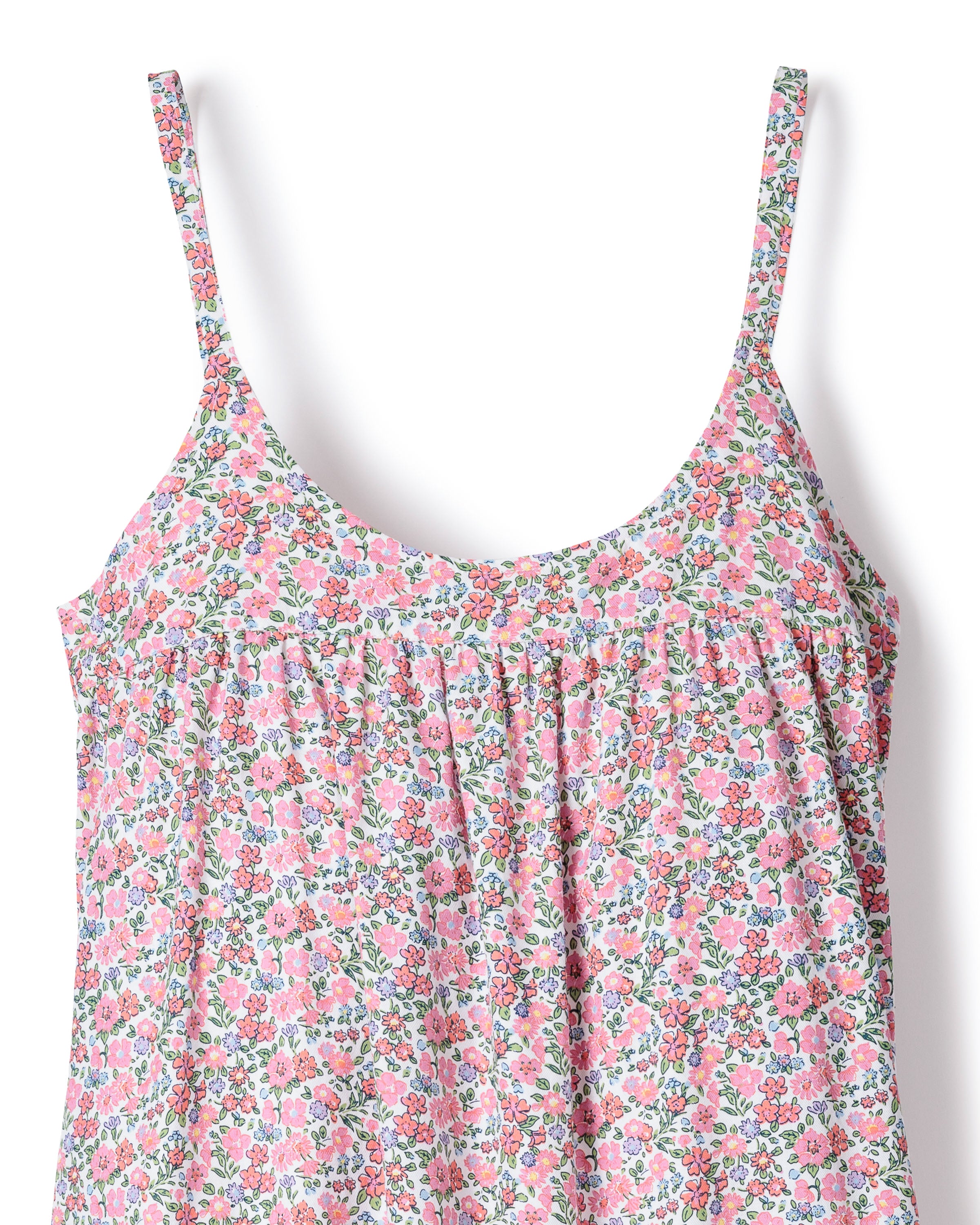 Petite Plumes Womens Twill Chloe Nightgown in Fleurs de Rose features thin straps, a gathered neckline for a relaxed fit, and is adorned with a pink, green, and white floral pattern on a plain white background. Crafted from premium quality cotton.