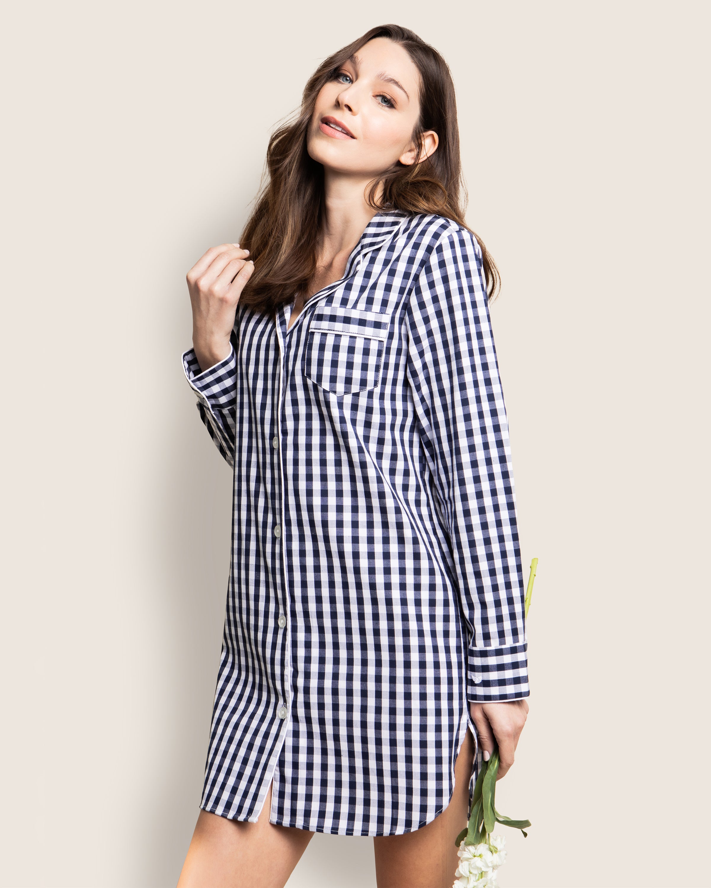 Women's Twill Nightshirt in Navy Gingham