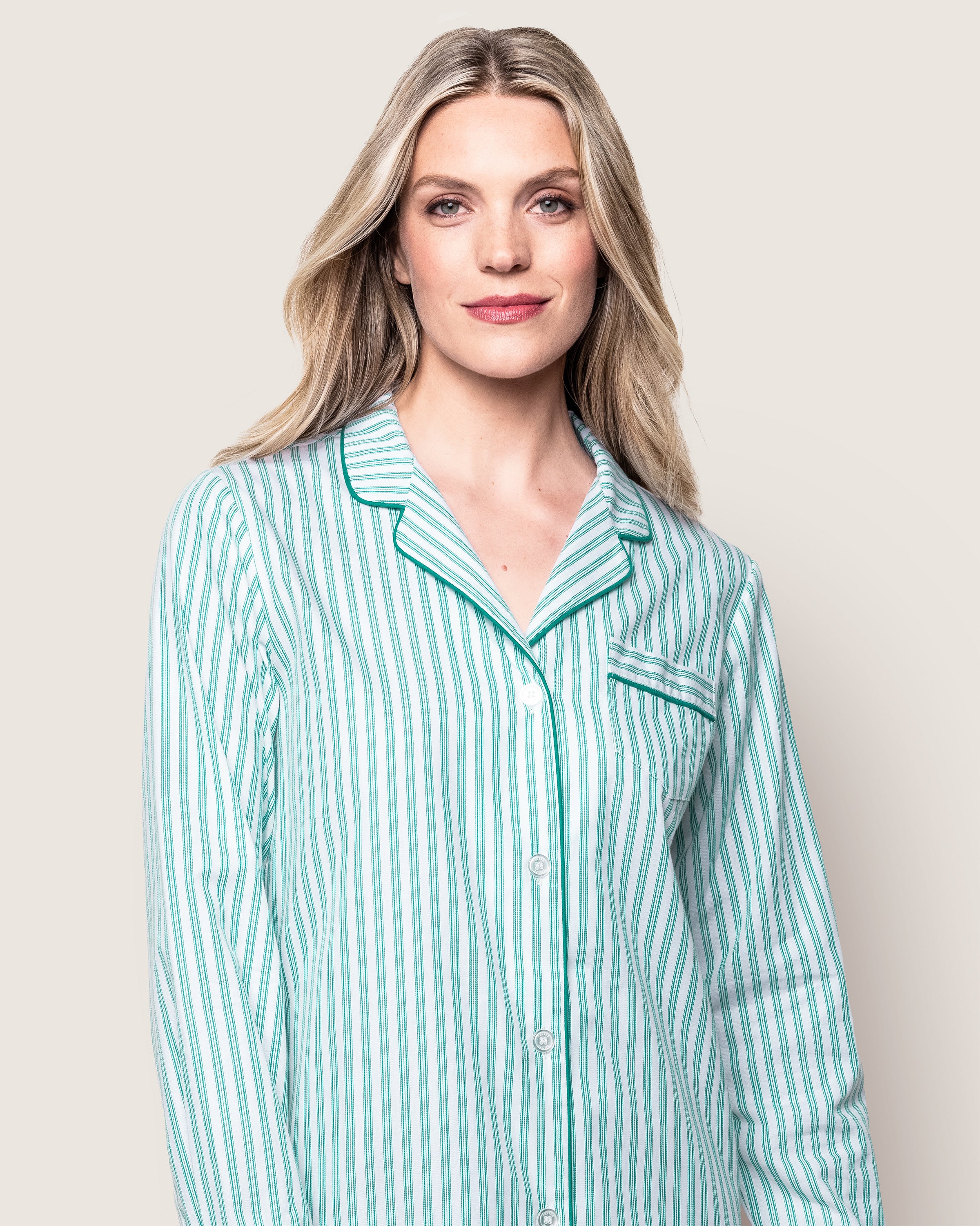 Women's Twill Pajama Set in Emerald Ticking