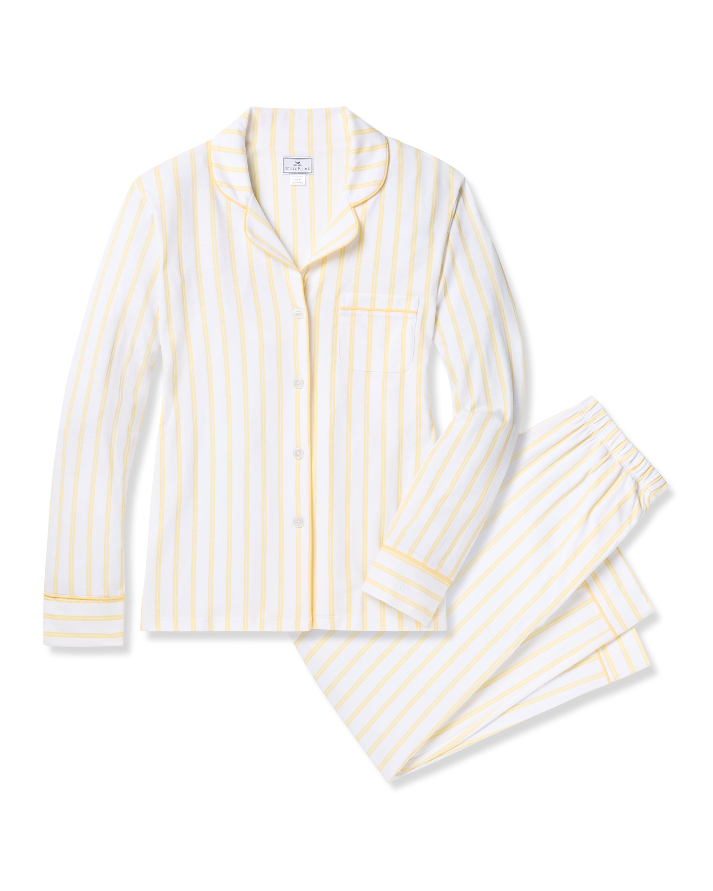 Indulge in luxury sleepwear with Petite Plumes Womens Pima Pajama in Sunny Stripe. Enjoy a classic long-sleeved button-up shirt and pants made from premium Peruvian Pima cotton, featuring thin vertical yellow stripes on white, a handy pocket, and an elastic waistband for comfort.