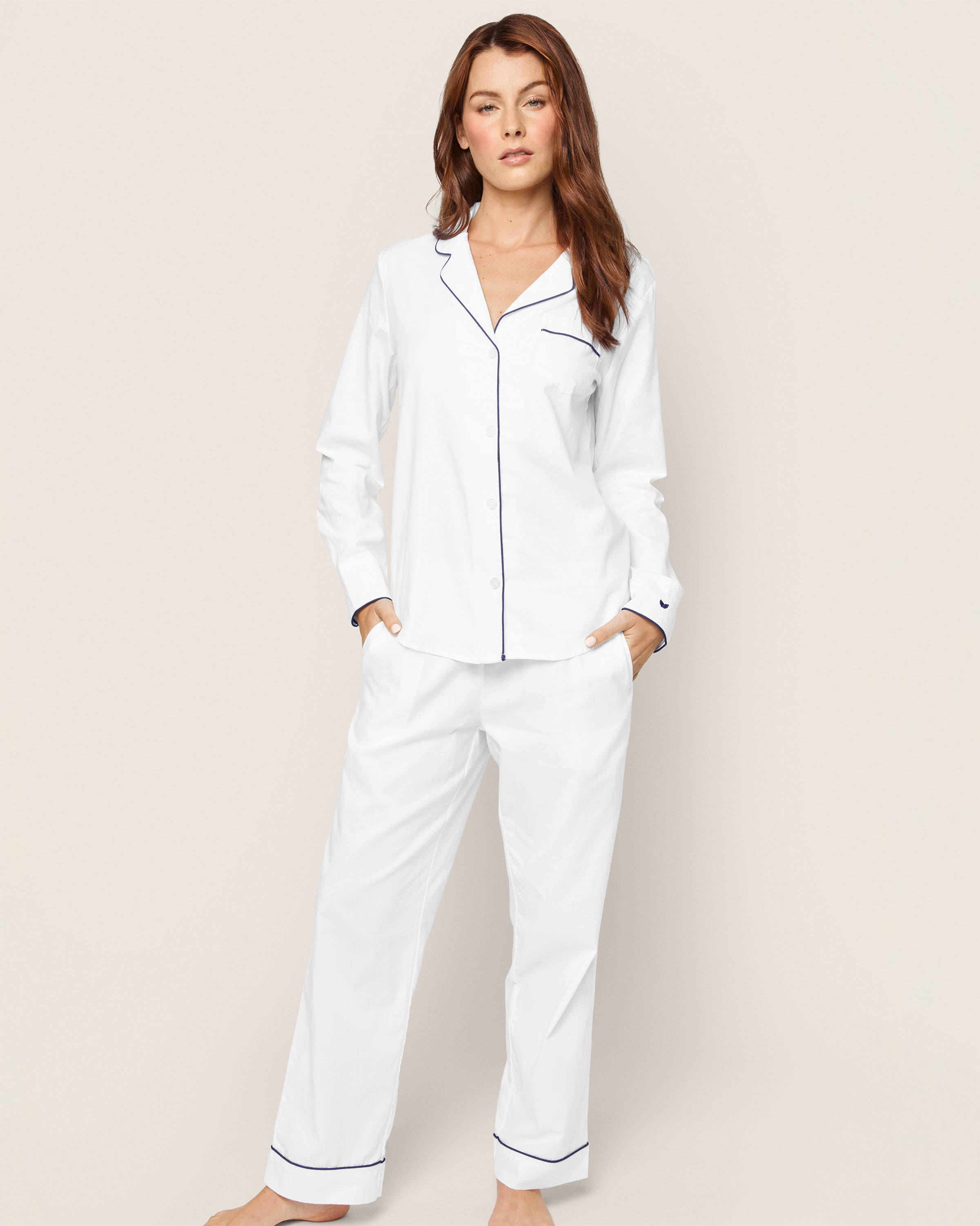 Women's Twill Pajama Set in White with Navy Piping