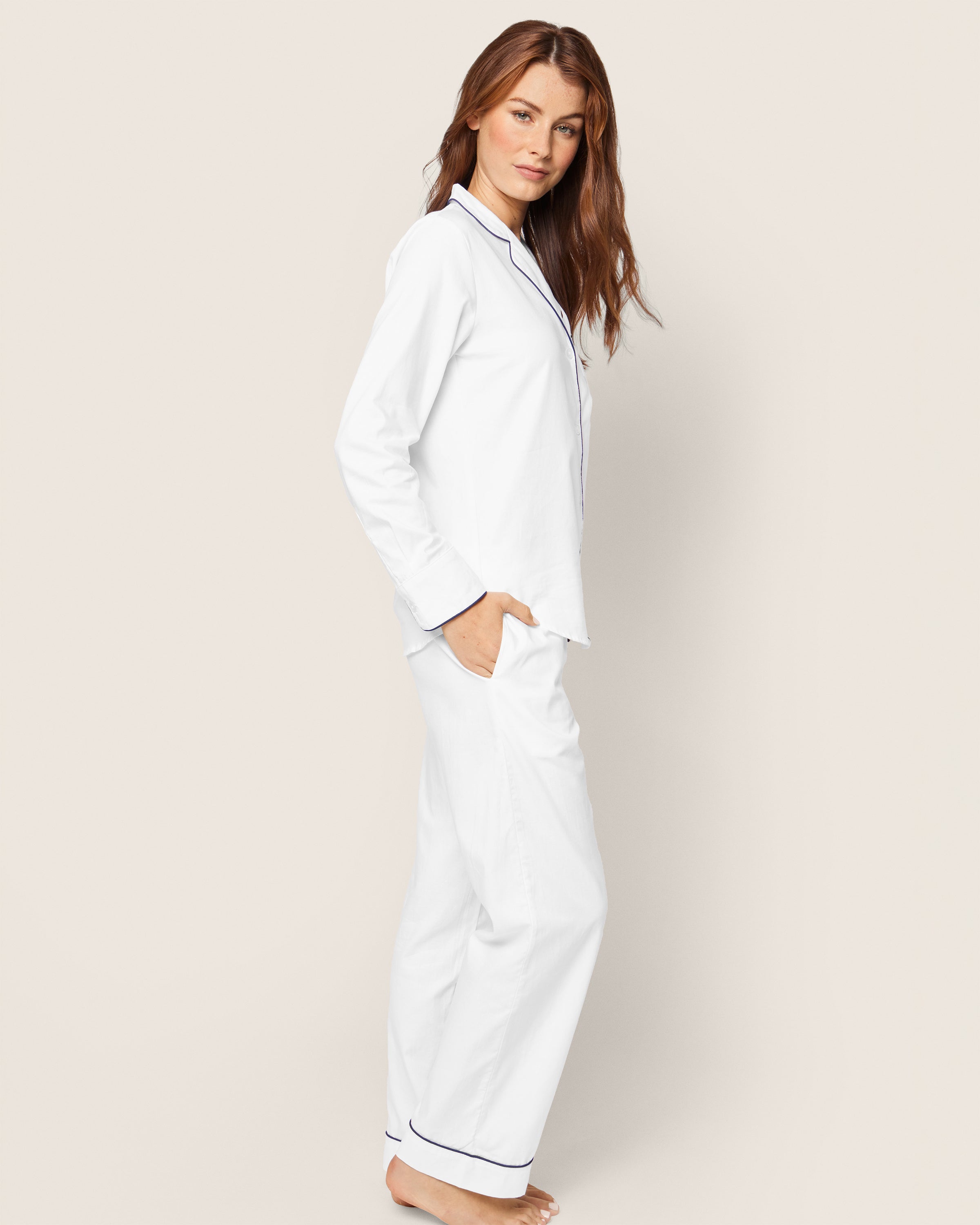 Women's Twill Pajama Set in White with Navy Piping