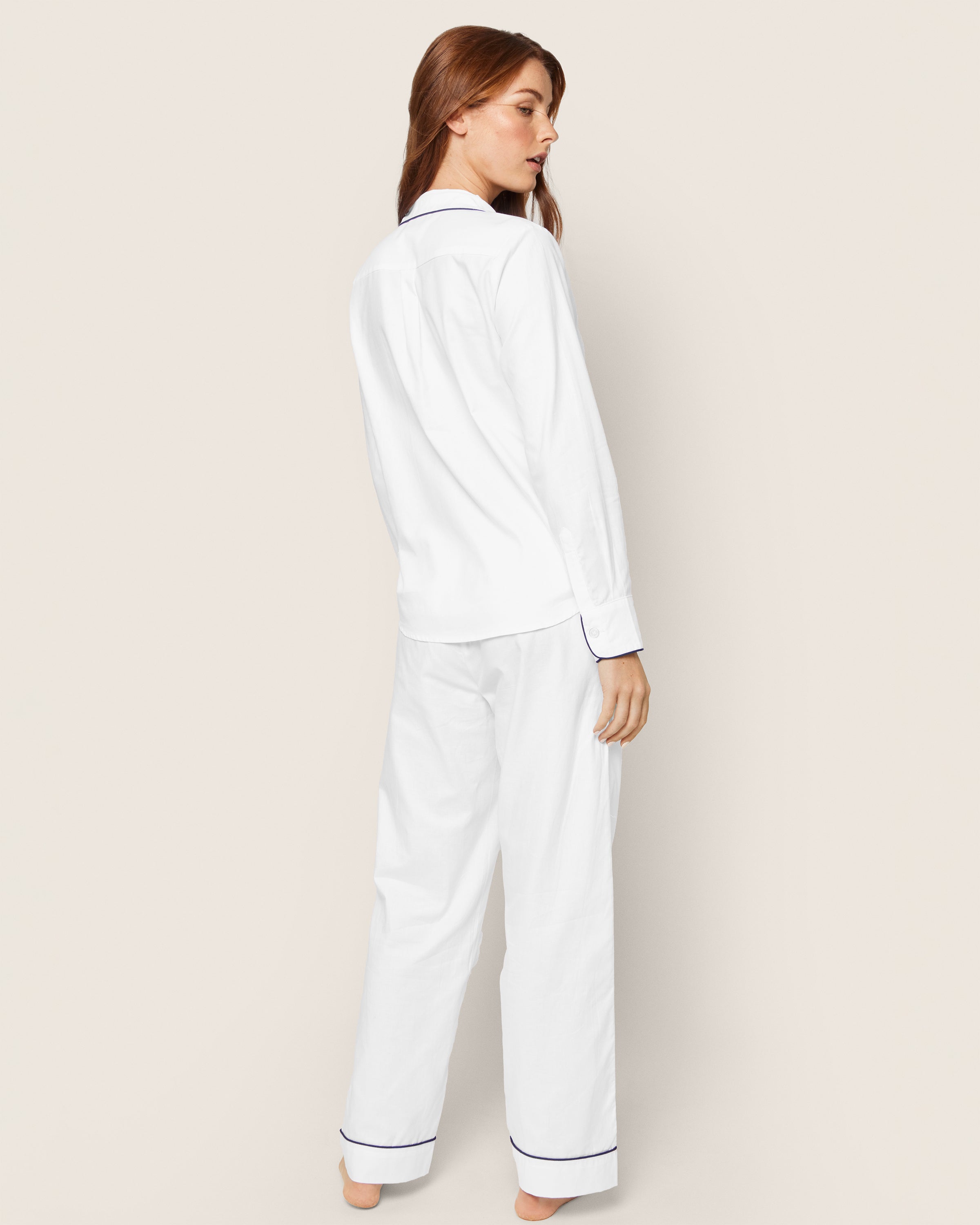 Women's Twill Pajama Set in White with Navy Piping