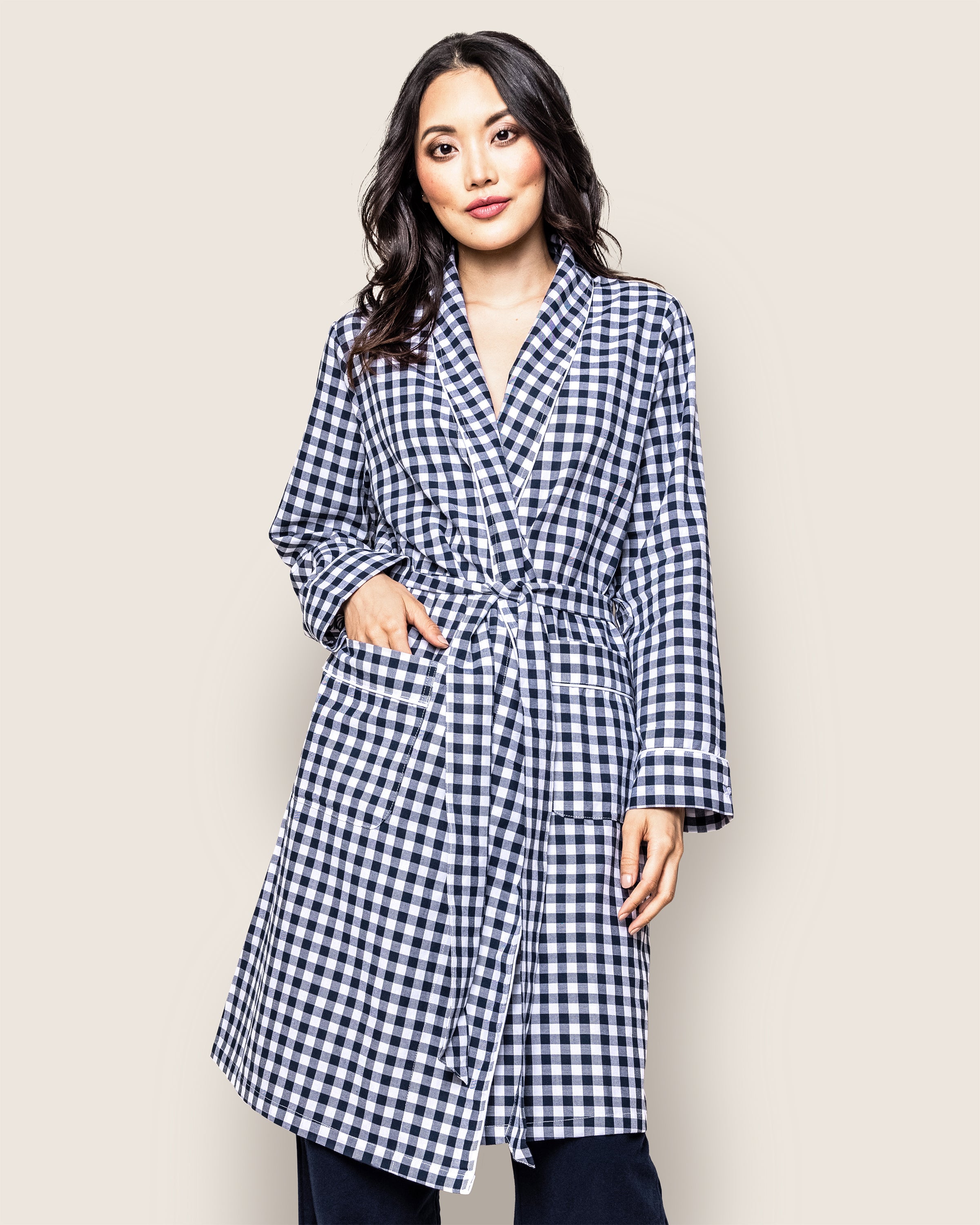 Women's Twill Robe in Navy Gingham