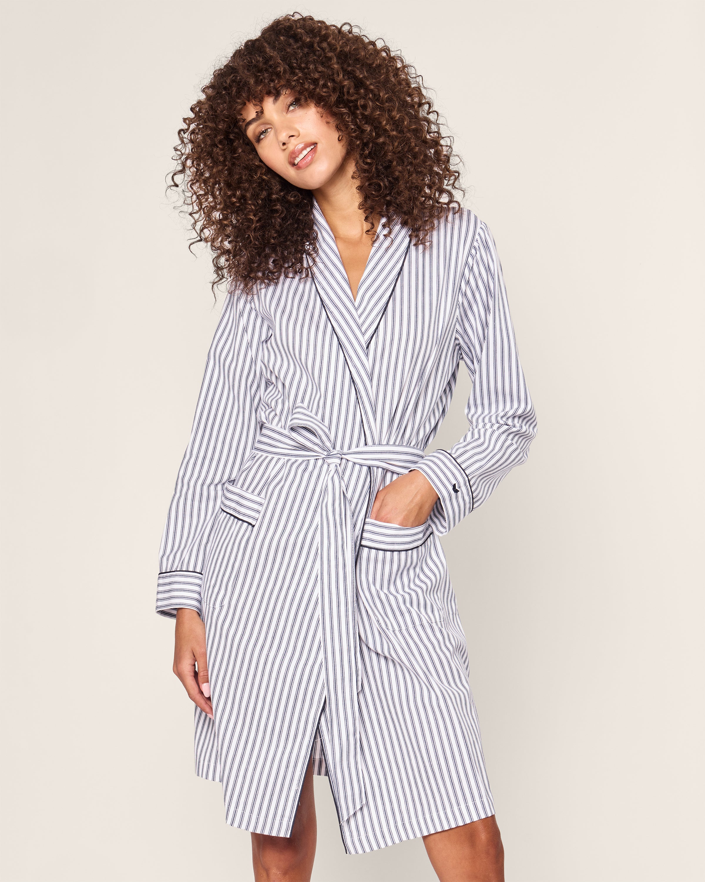 Women's Twill Robe in Navy French Ticking