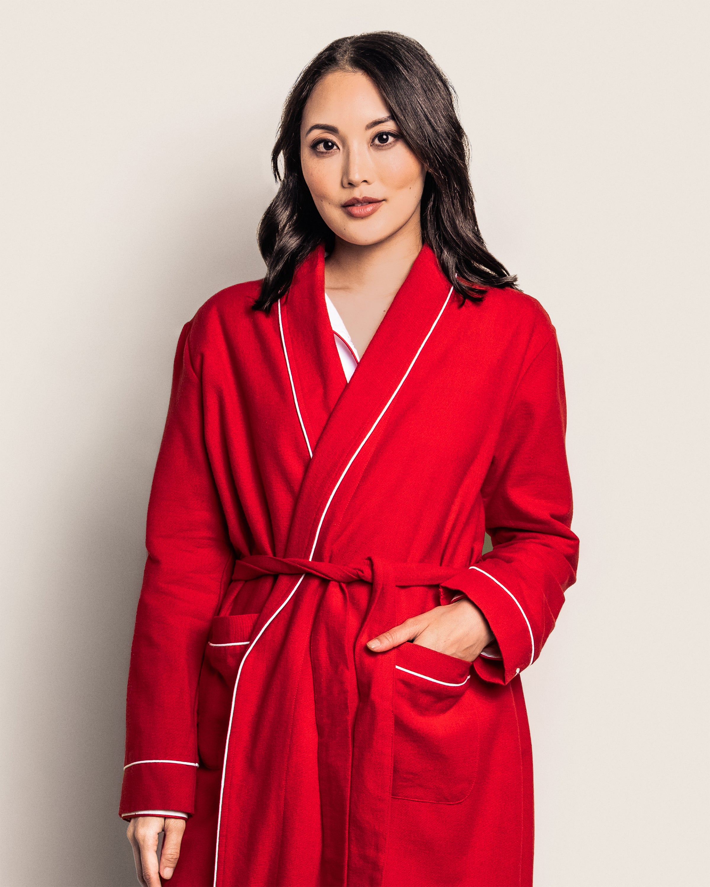 Women s Flannel Robe in Red with White Piping