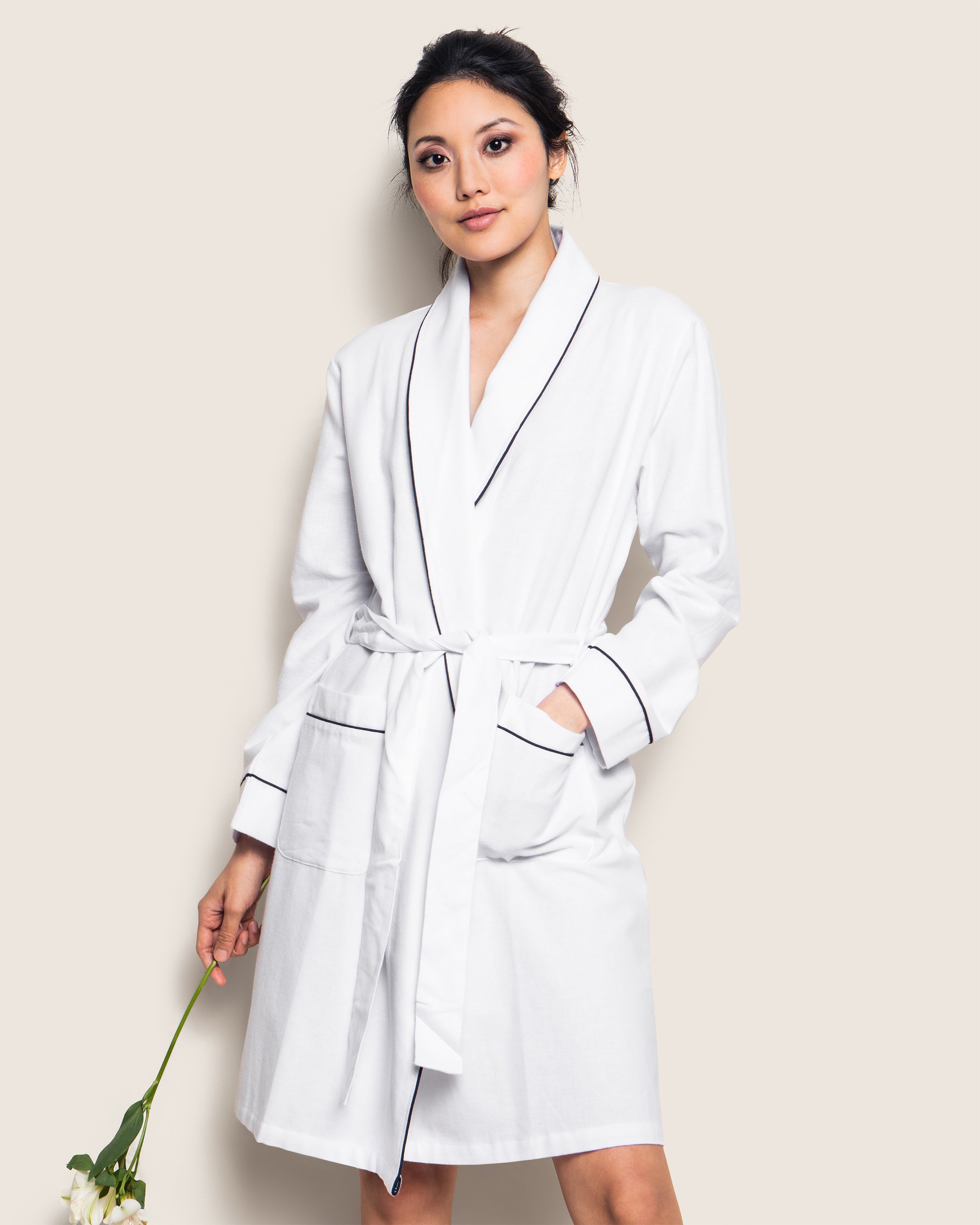 Women's Flannel Robe in White with Navy Piping