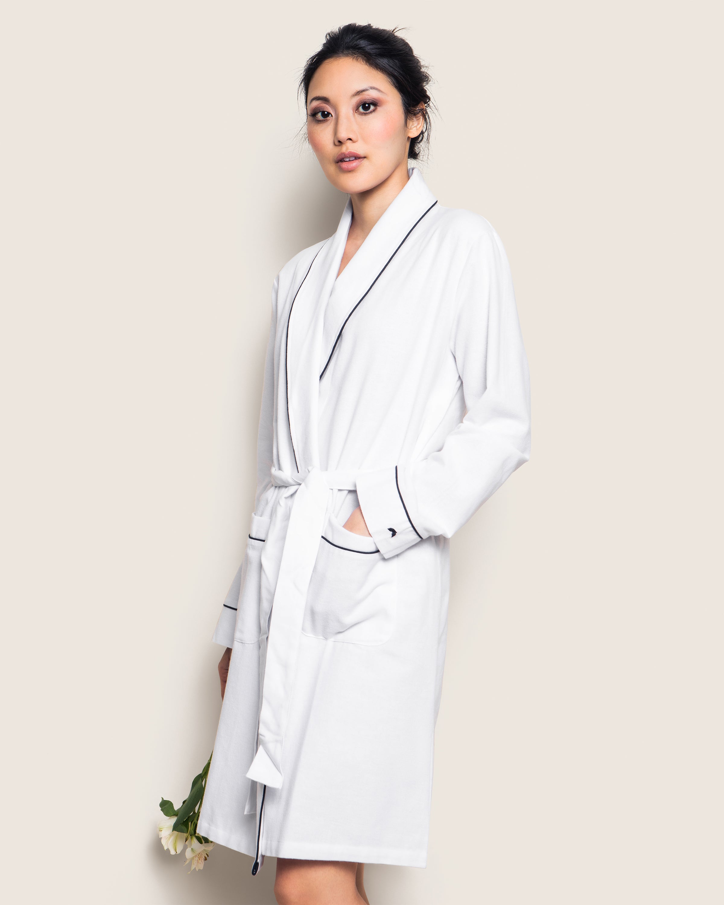 Women's Flannel Robe in White with Navy Piping