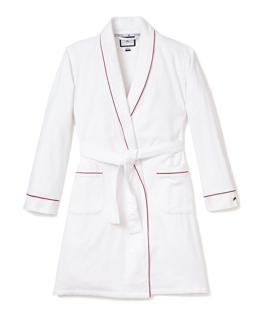 Women's Flannel Robe in White with Red Piping