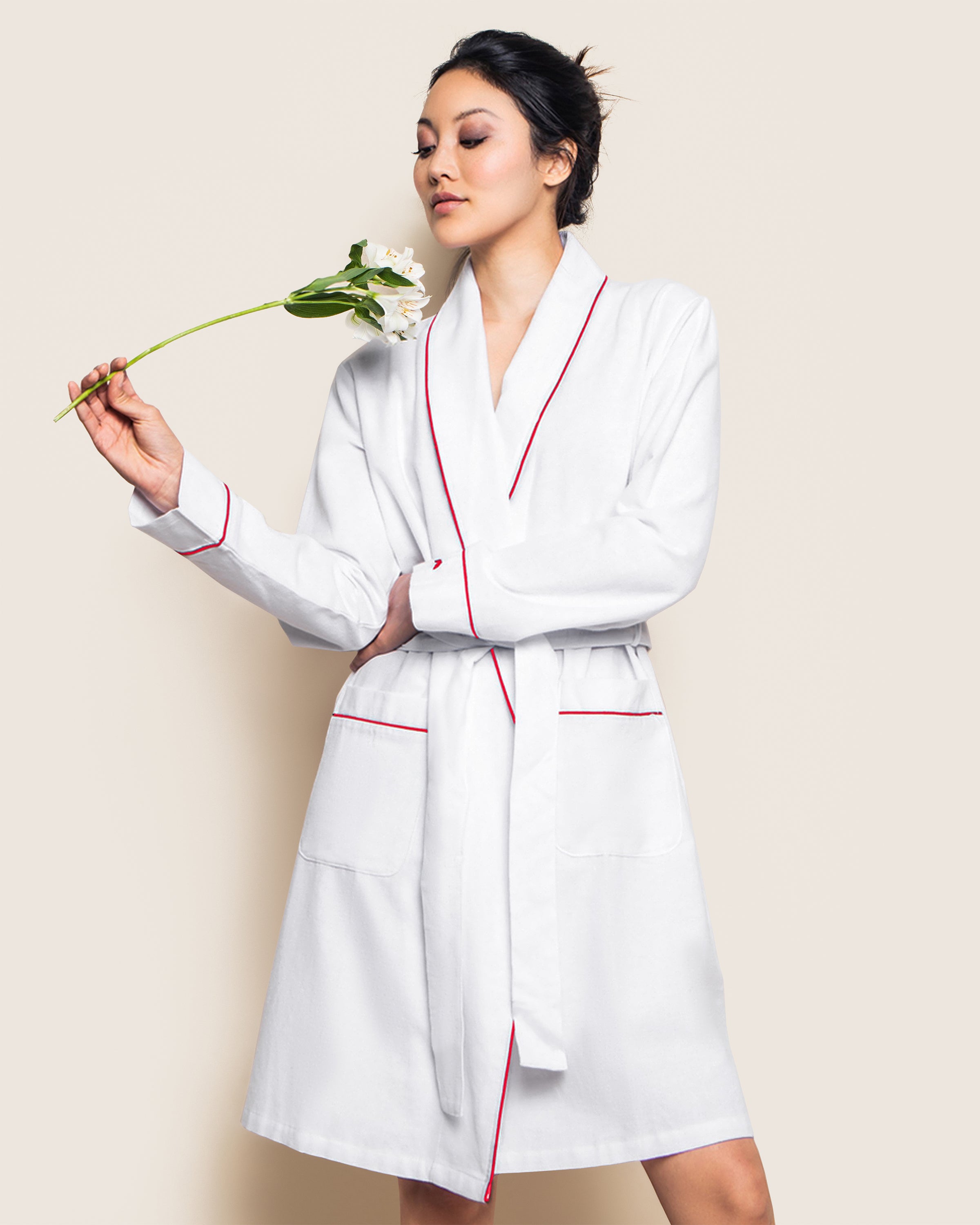 Women's Flannel Robe in White with Red Piping