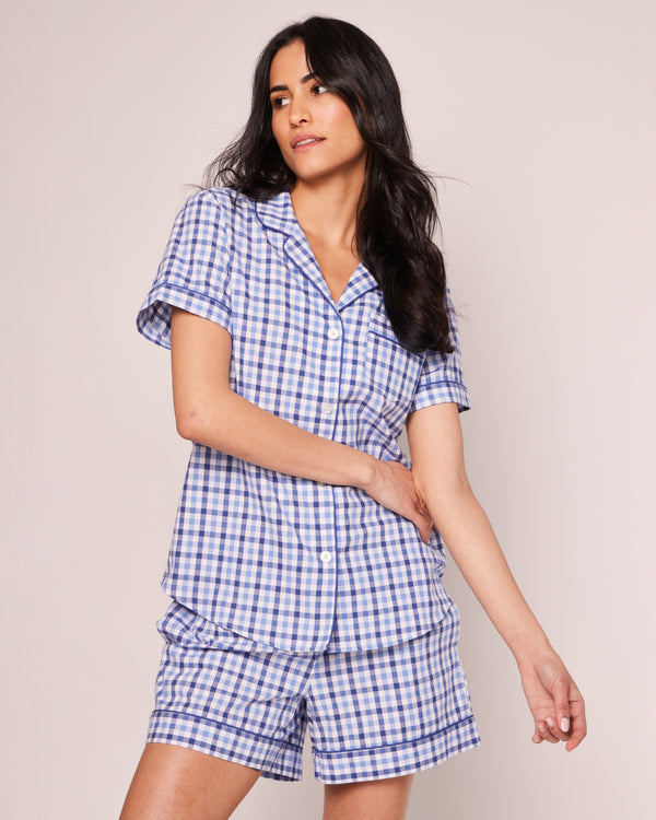 Women's Twill Pajama Short Sleeve Short Set in Royal Blue Gingham