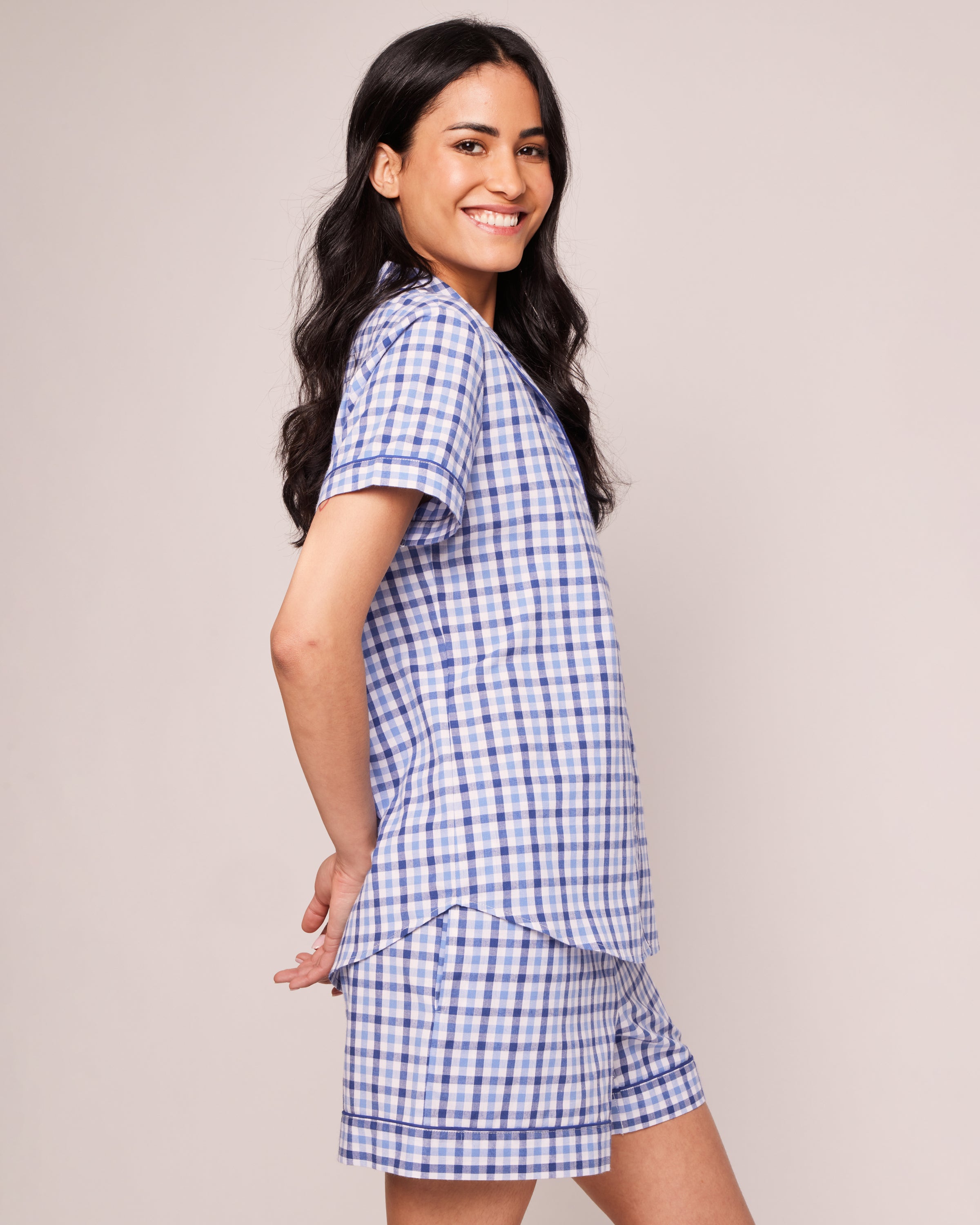 Women's Twill Pajama Short Sleeve Short Set in Royal Blue Gingham