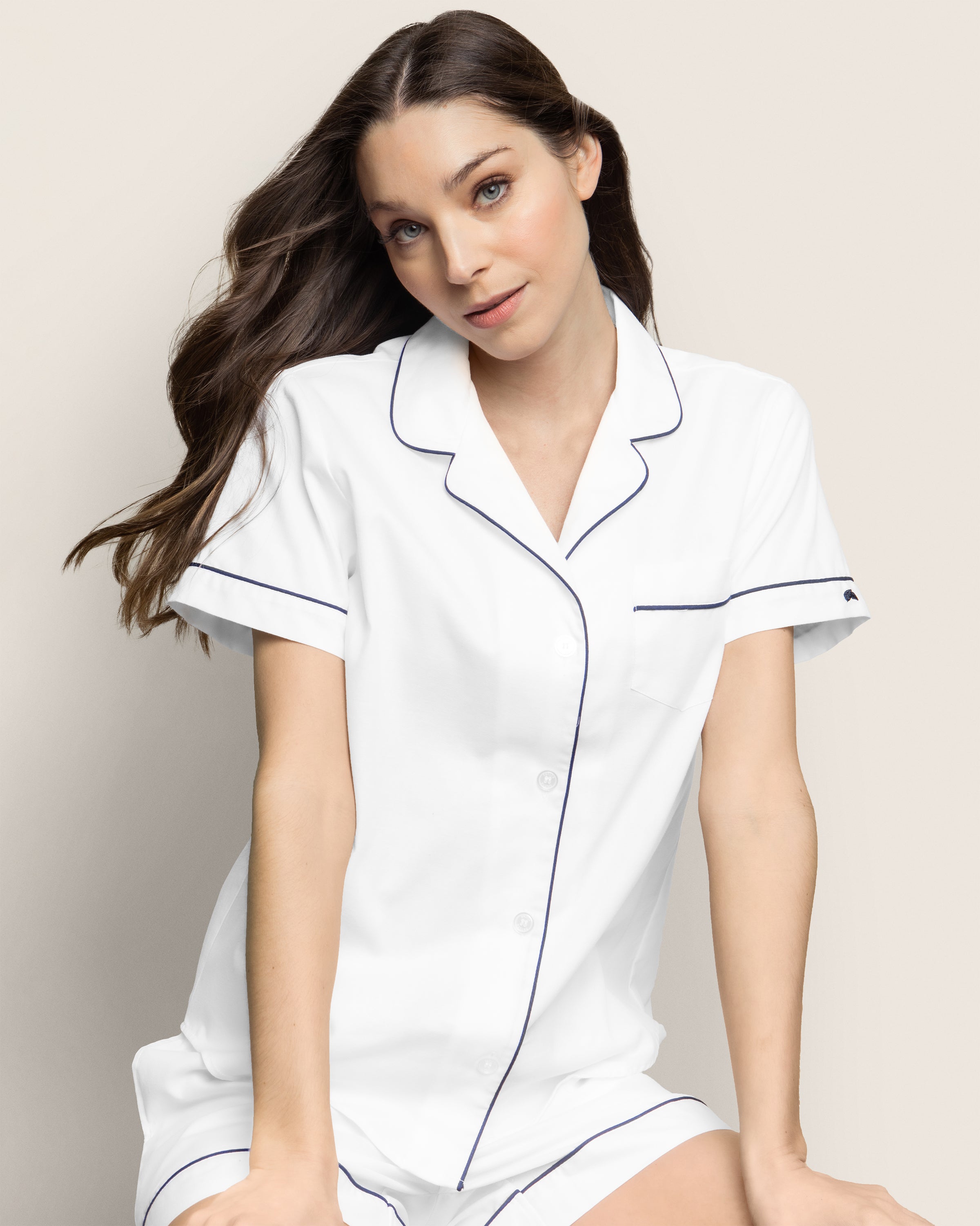 Women's Twill Pajama Short Set in White with Navy Piping