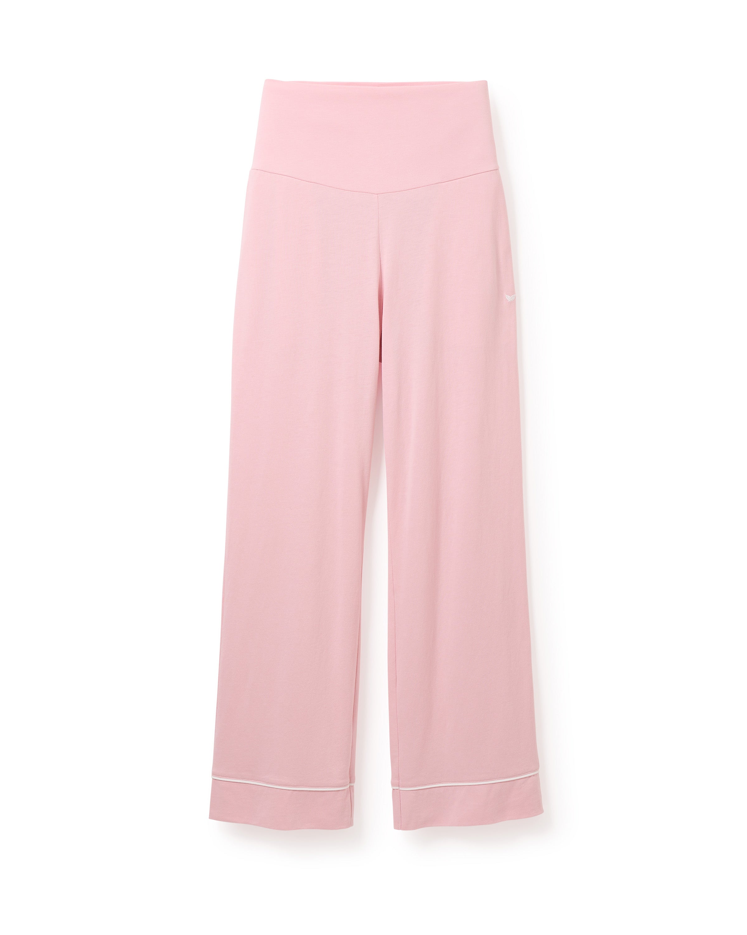 Luxurious Petite Plume Womens Pima Maternity Pants in Pink drape gracefully, with subtle white piping at the hem. These stylish wide-leg pants include an over-the-belly support band for comfort and minimalist design, set elegantly against a white background.