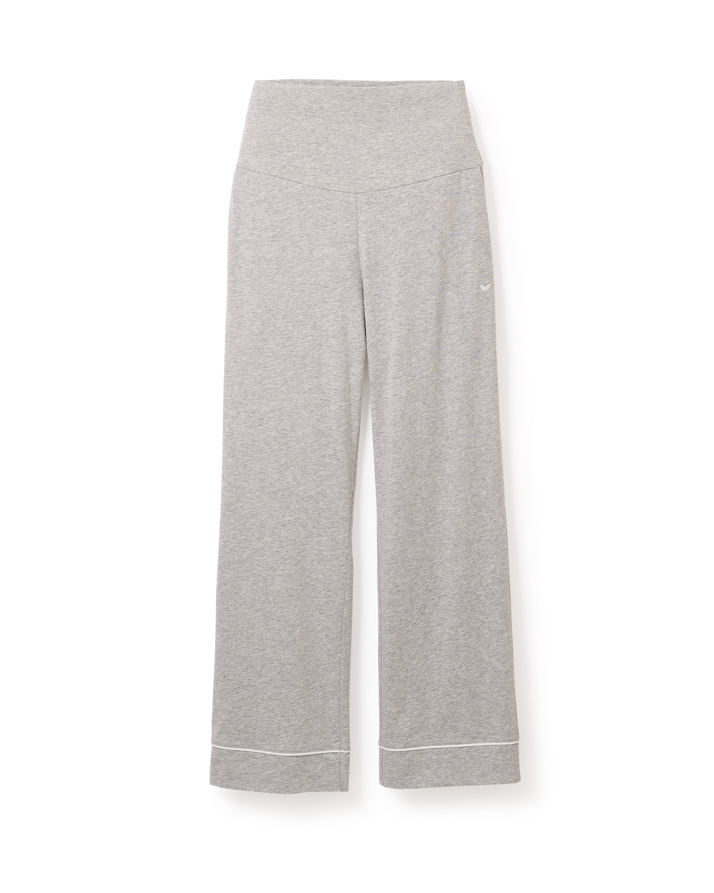 Petite Plumes Womens Pima Maternity Pants in Light Heather Grey offer a wide-leg design with subtle white piping along the hem and an over-the-belly support band for superior comfort during pregnancy.