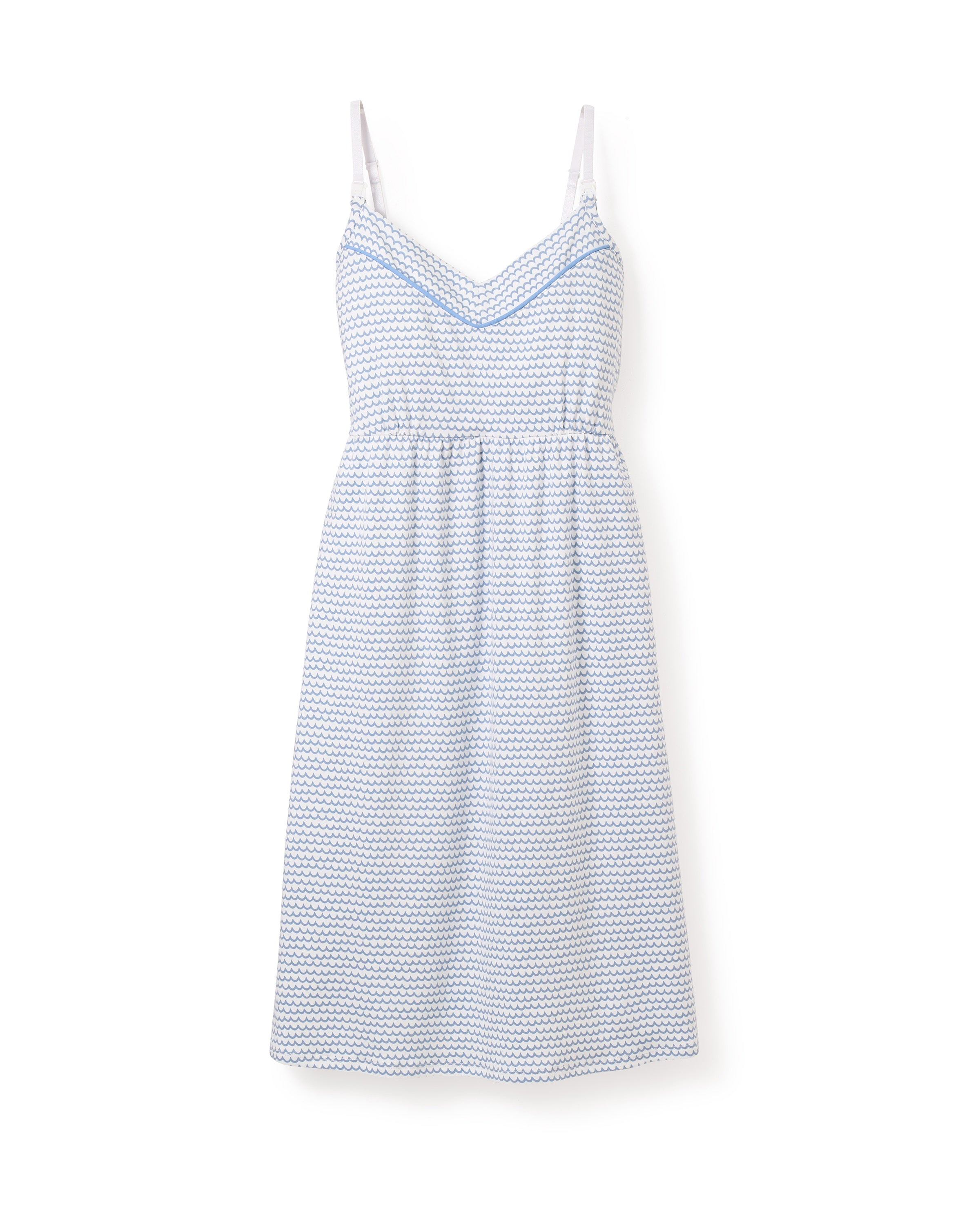 The Womens Pima Maternity Nightgown in La Mer by Petite Plume is a sleeveless dress with light blue and white geometric patterns, thin straps, a V-neckline, and an empire waist for pregnancy comfort and an airy look.