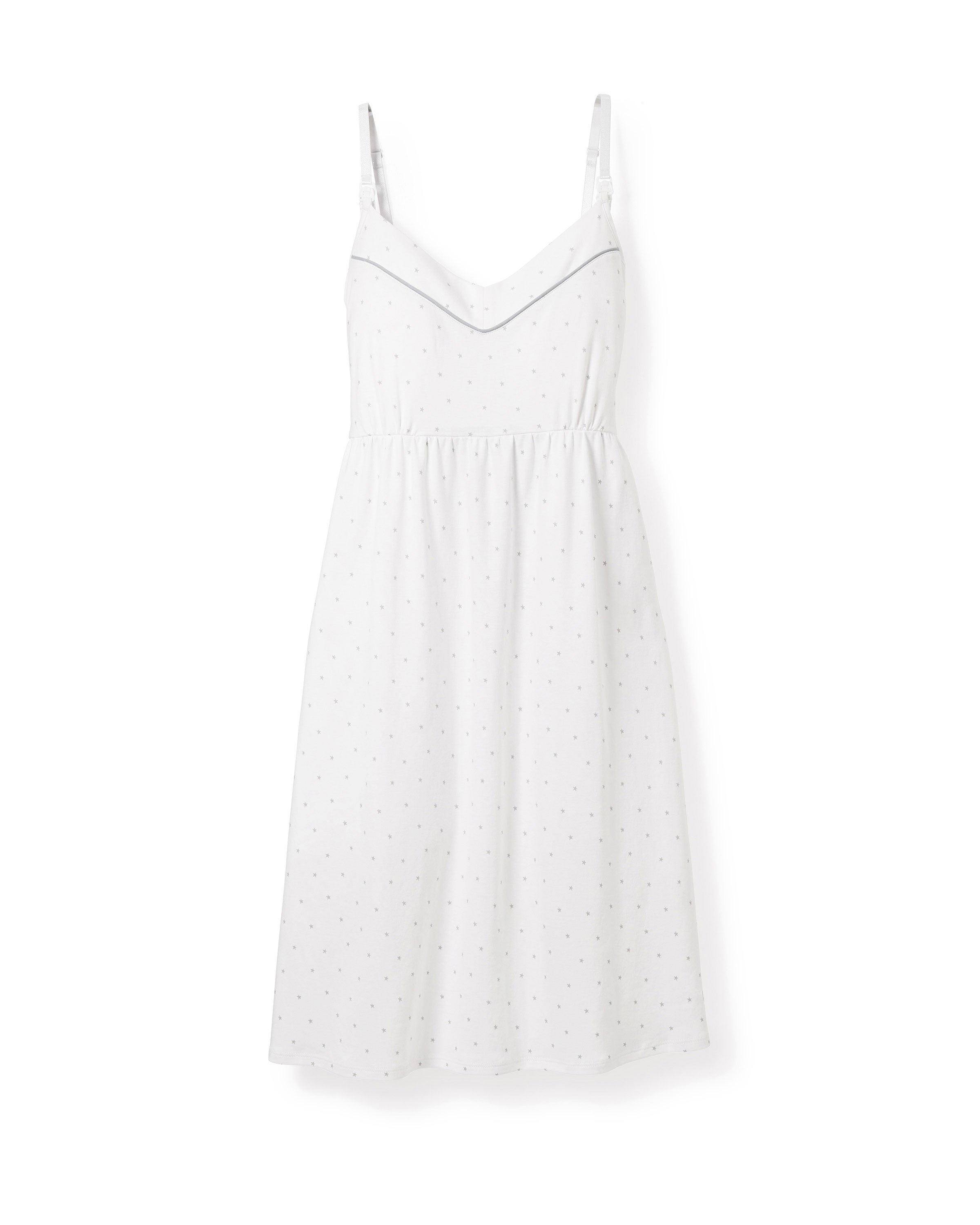 The Womens Pima Maternity Nightgown in Grey Stars by Petite Plume features a sleeveless design, thin shoulder straps, a subtle star pattern, V-neckline, slightly fitted waist, and relaxed fit for an elegant yet comfortable style ideal for nursing mothers.