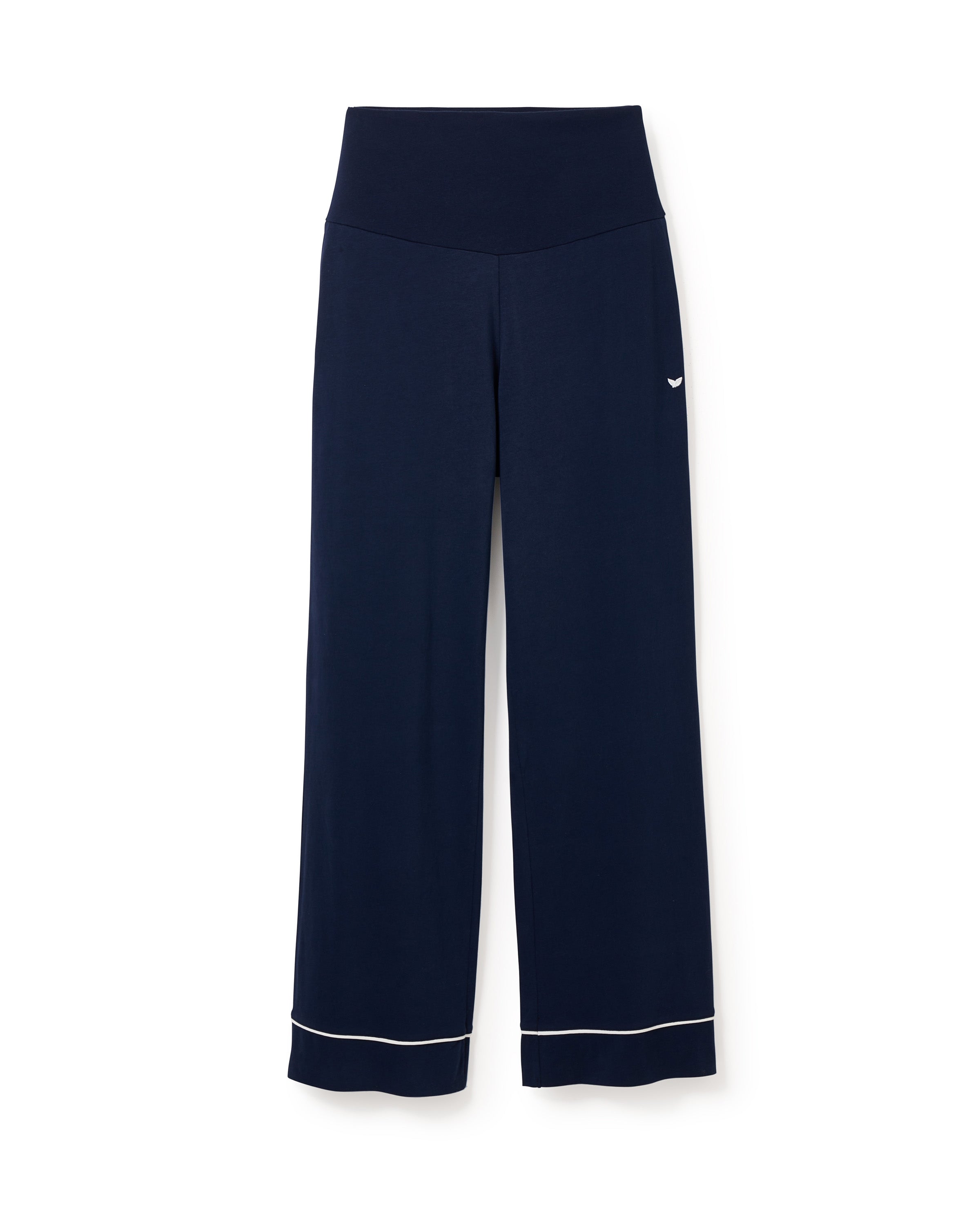 The Petite Plume Womens Pima Maternity Pants in Navy boast a wide-leg design, high waistband with over-the-belly support, and subtle white trim near the bottom. Crafted from soft Pima cotton, they feature a small logo on one upper leg against a light background.