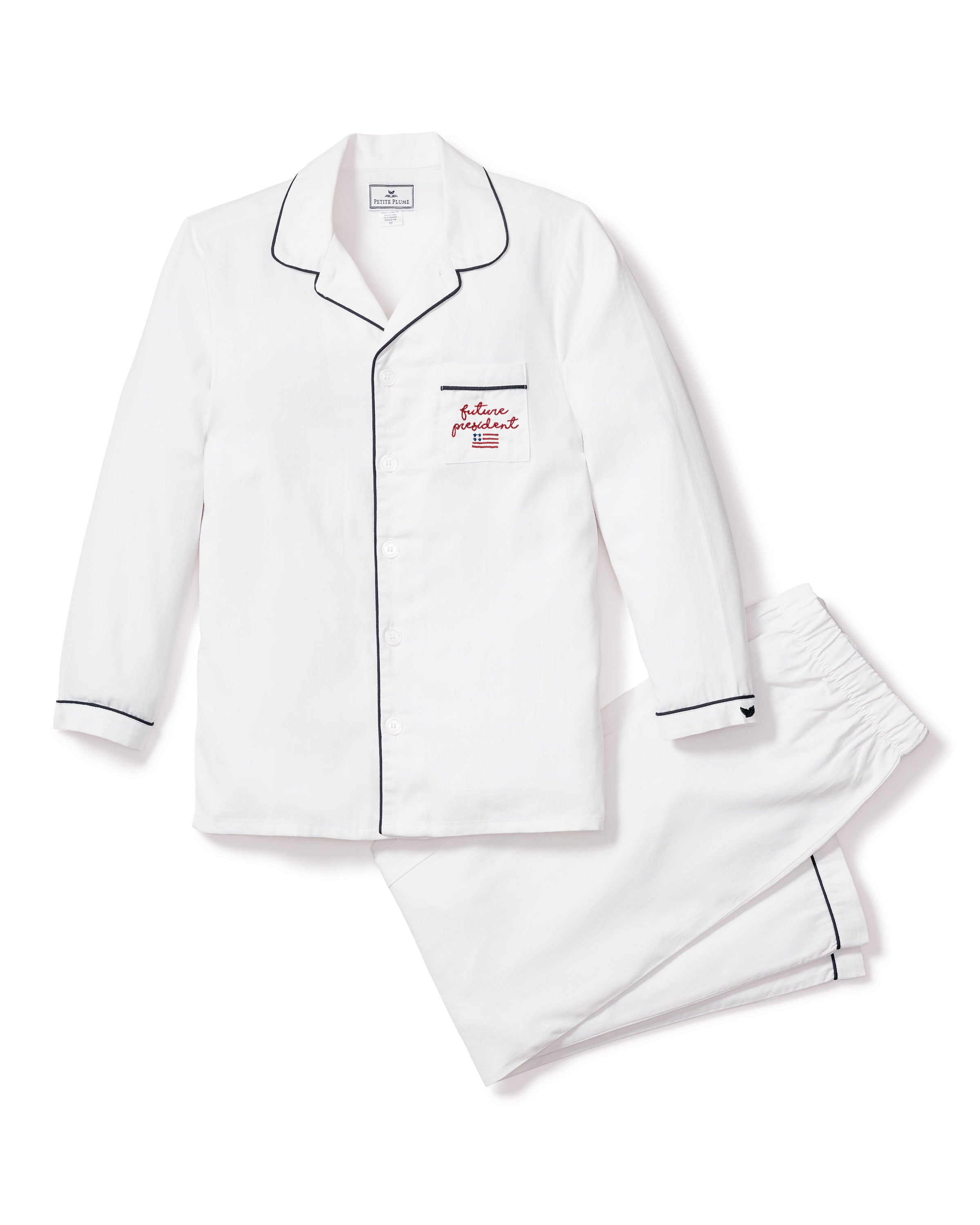 Kid's Twill Pajama Set in White with Navy Piping Future President