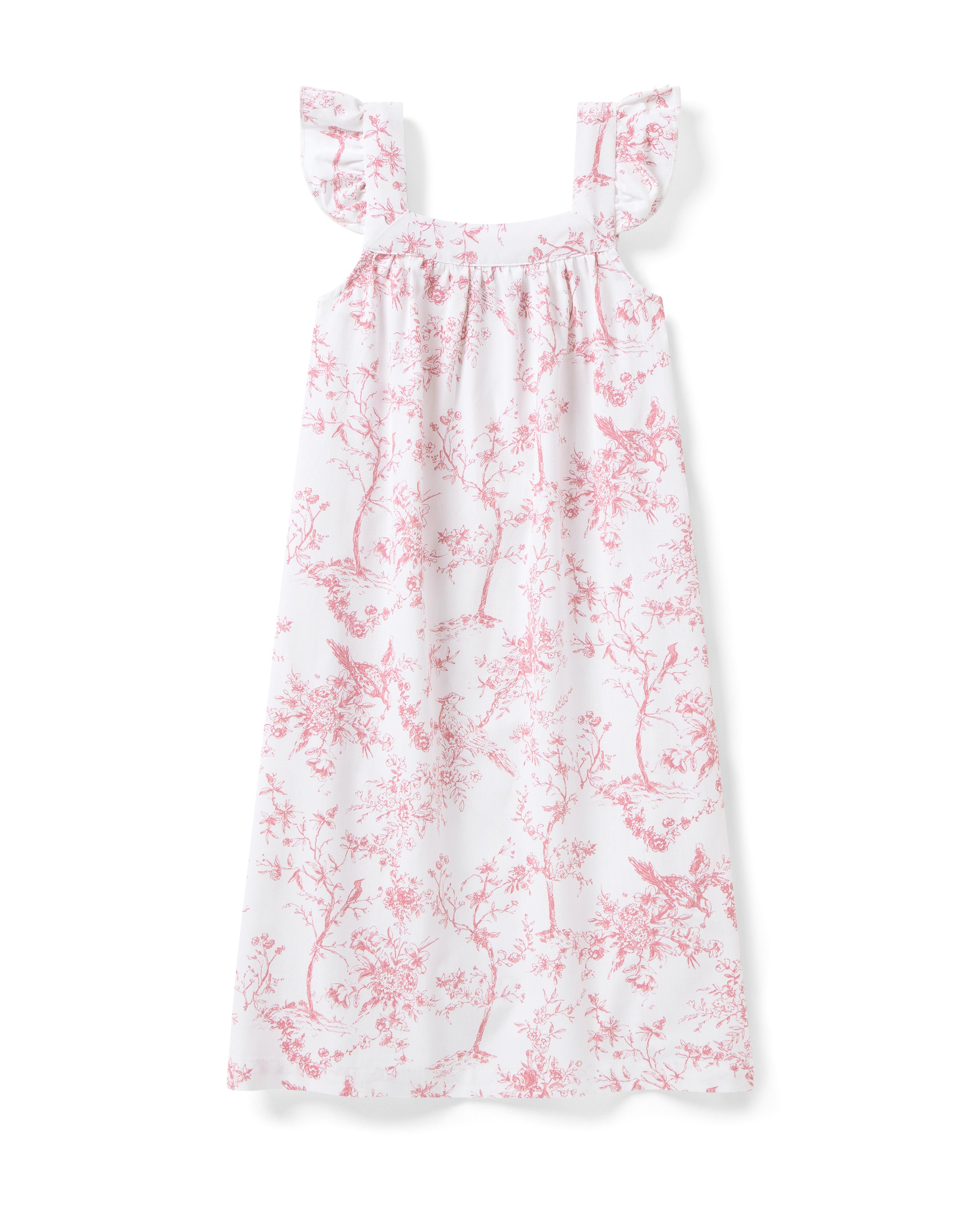 The Girls Twill Clara Nightgown in Pink Timeless Toile by Petite Plume is a white sleeveless dress with ruffled straps and a flowing silhouette, adorned with pink botanical flowers that give it a delicate, feminine touch.