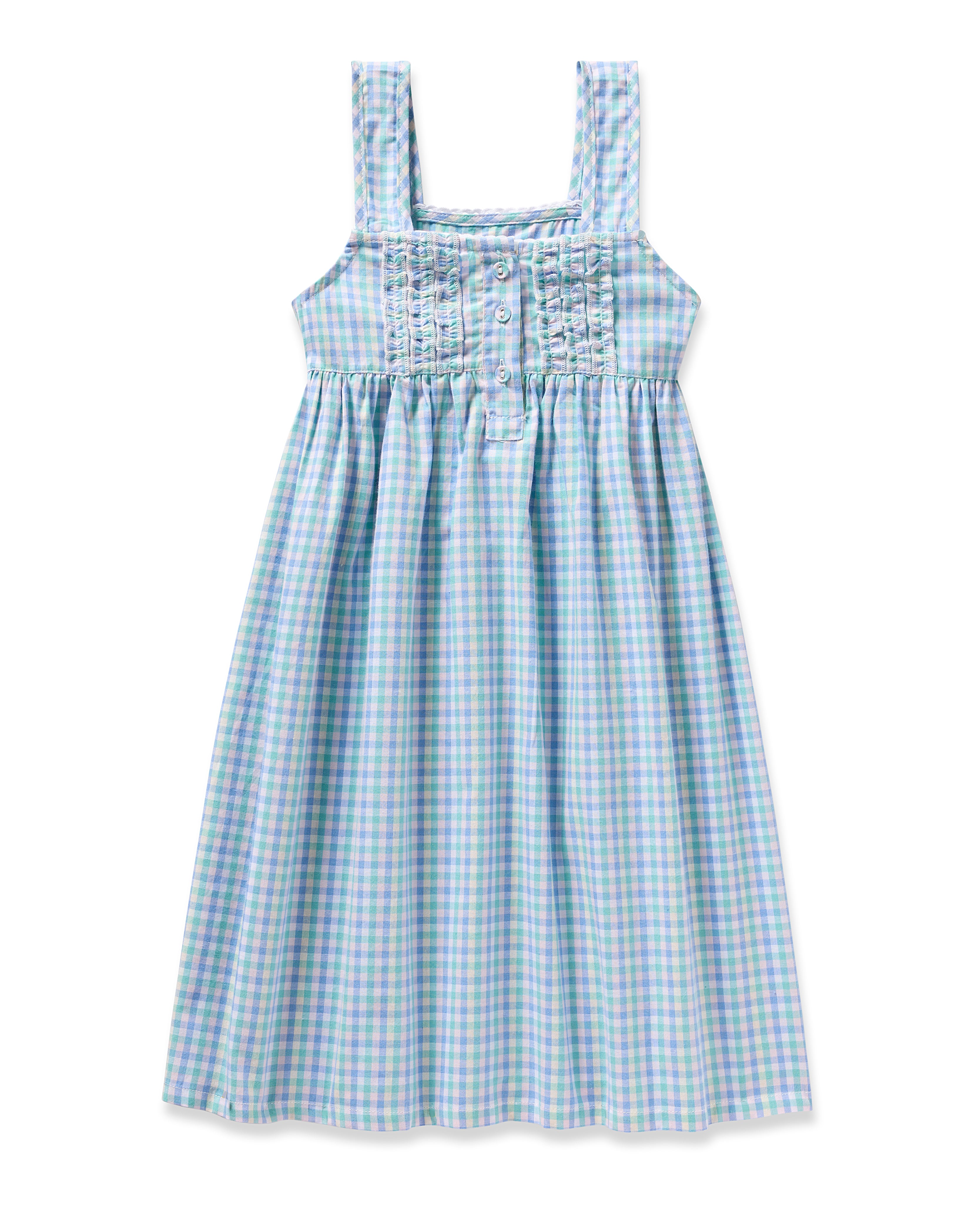 The Petite Plume Girls Twill Charlotte Nightgown in Spring Gingham is sleeveless with a square neckline, showcasing a blue and white pattern. It features a buttoned, gathered front with smocking and a flared skirt.