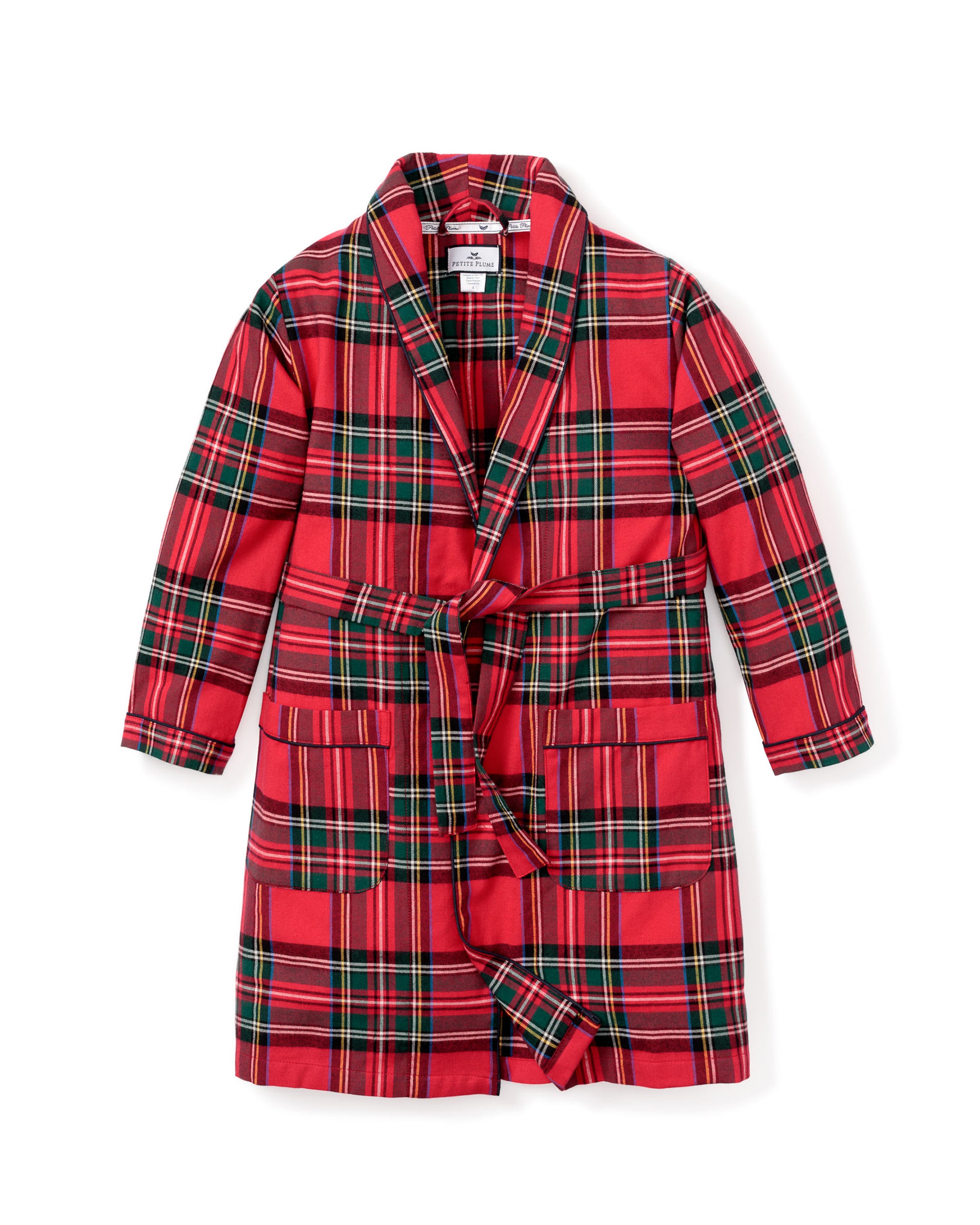 The Kids Brushed Cotton Robe by Petite Plume features red and green plaid on white, crafted from lightweight yarn-dyed cotton. It has long sleeves, a shawl collar, two front pockets, and a matching belt in Imperial Tartan for timeless style.