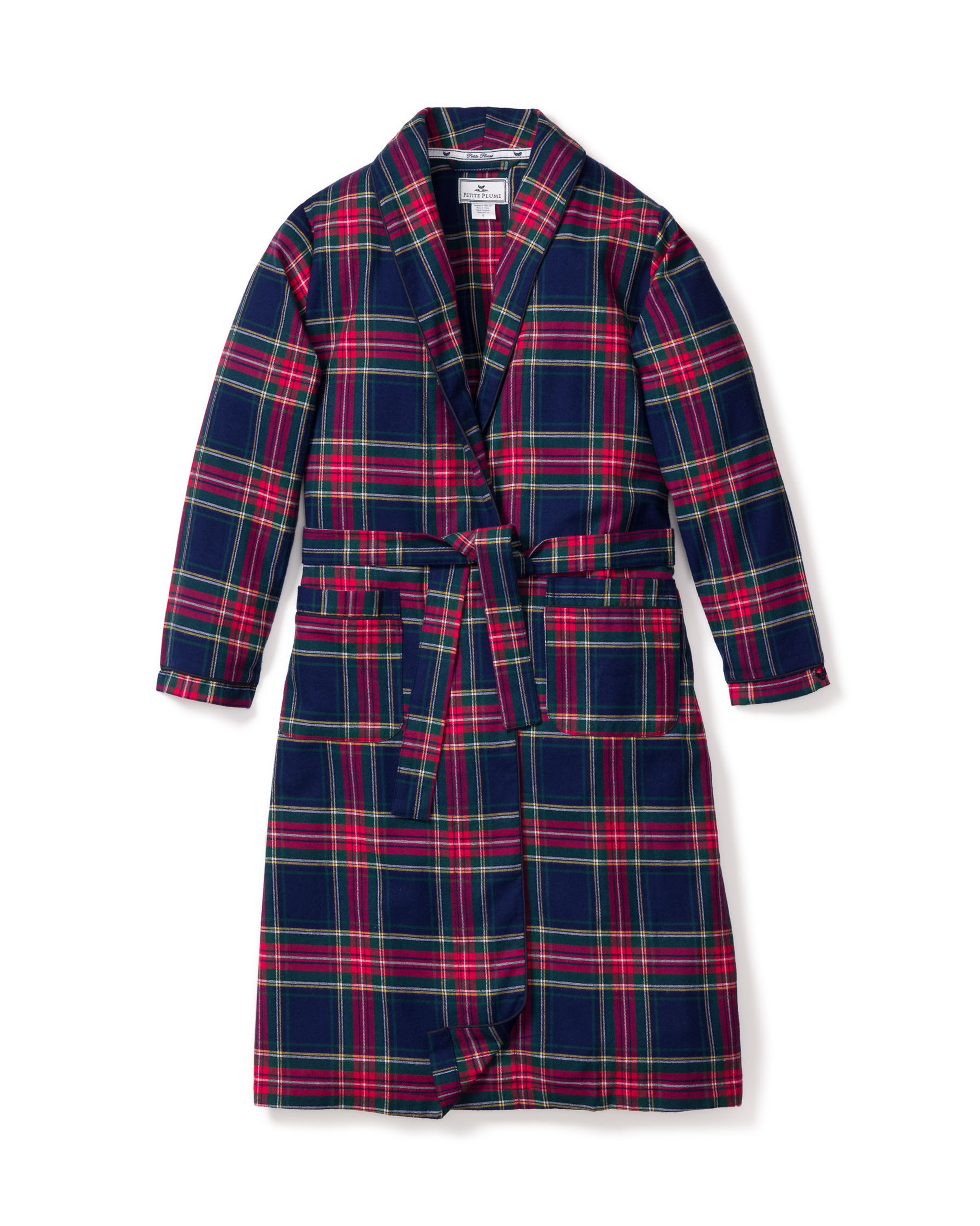 The Kids Brushed Cotton Robe in Windsor Tartan by Petite Plume is a cozy flannel, long-sleeved robe with a multicolored plaid pattern in blue, red, and green tones. It features a waist belt and two front pockets, making it perfect sleepwear. Displayed on a white background.