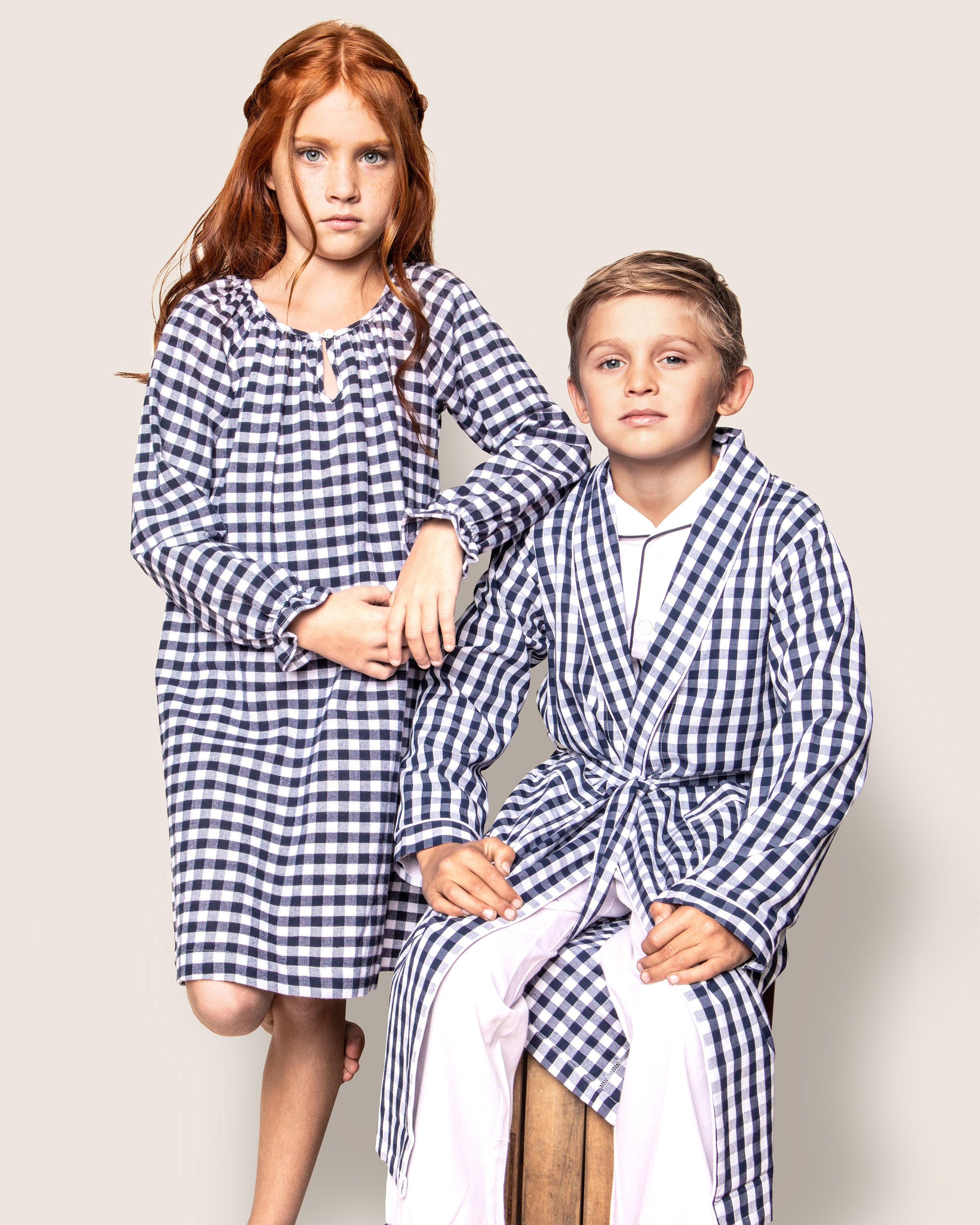 Kid's Twill Robe in Navy Gingham