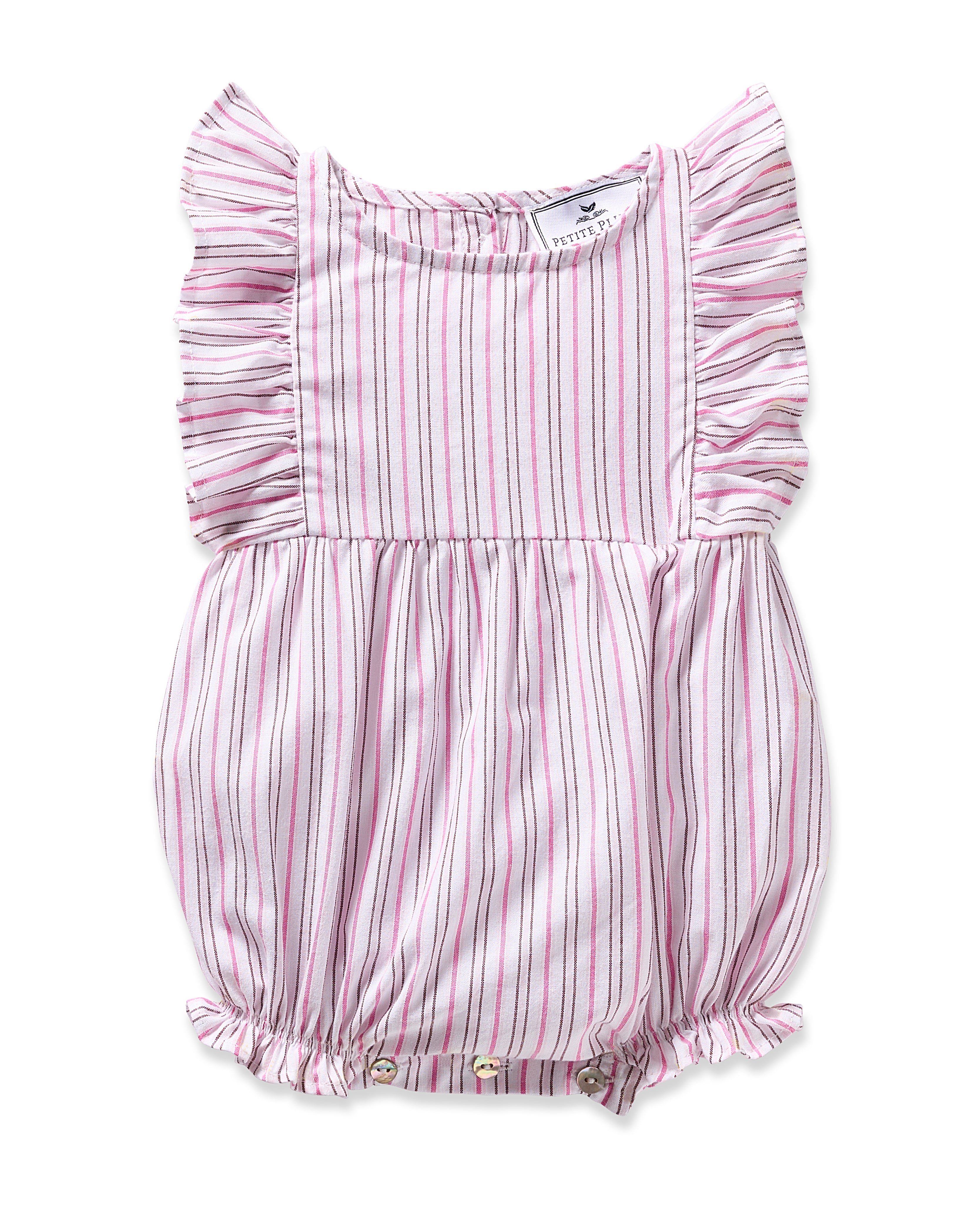 The Babys Twill Ruffled Romper in Blush Boulevard by Petite Plume is a sleeveless romper with pink and white vertical stripes, ruffled sleeves, elastic leg openings, and bottom snap closures, ideal for sleepwear.