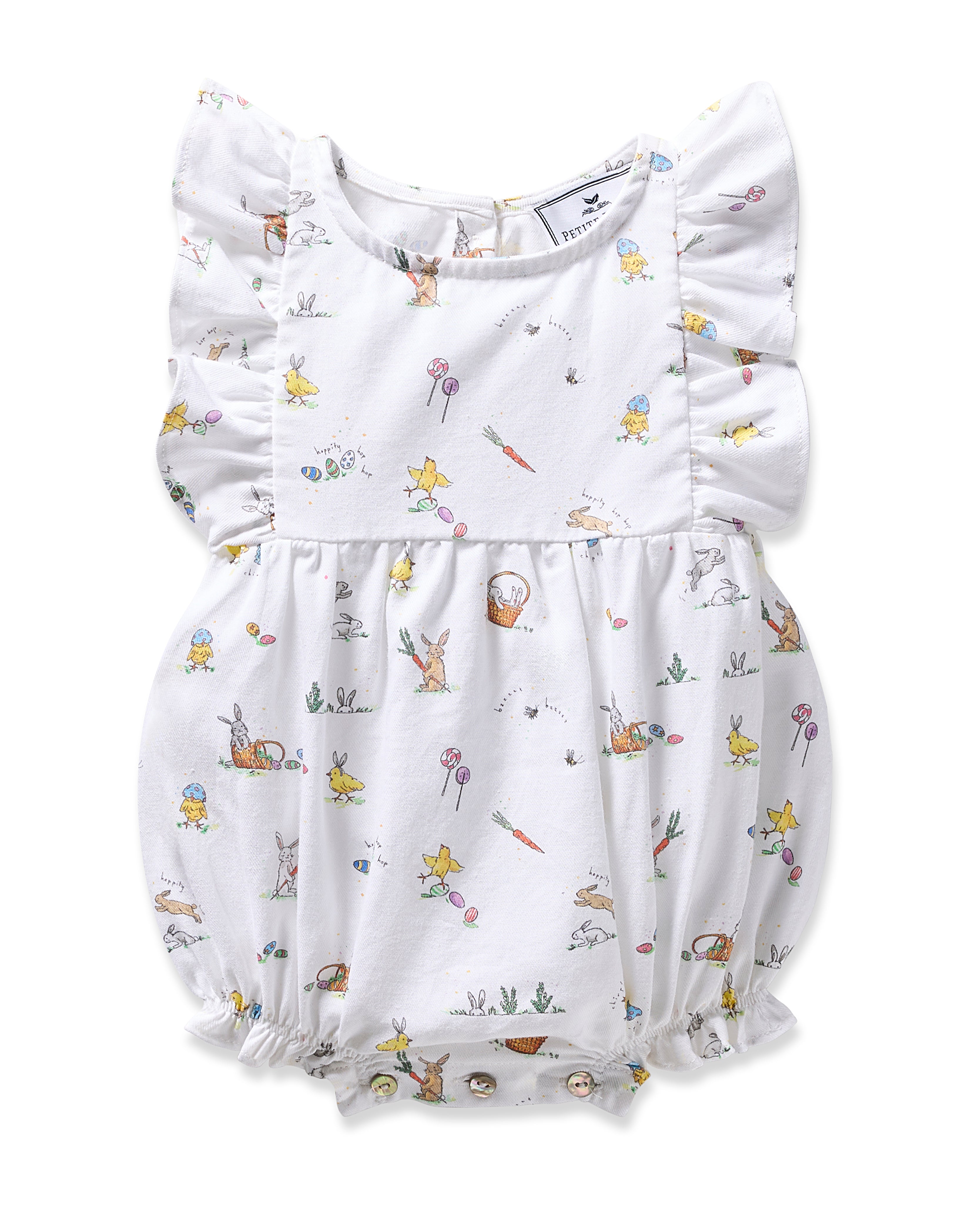 The Petite Plume Babys Twill Ruffled Romper in Easter Frolic features colorful illustrations of rabbits, ducks, trees, and flowers with ruffled sleeves and bottom snap closures for a Victorian touch.