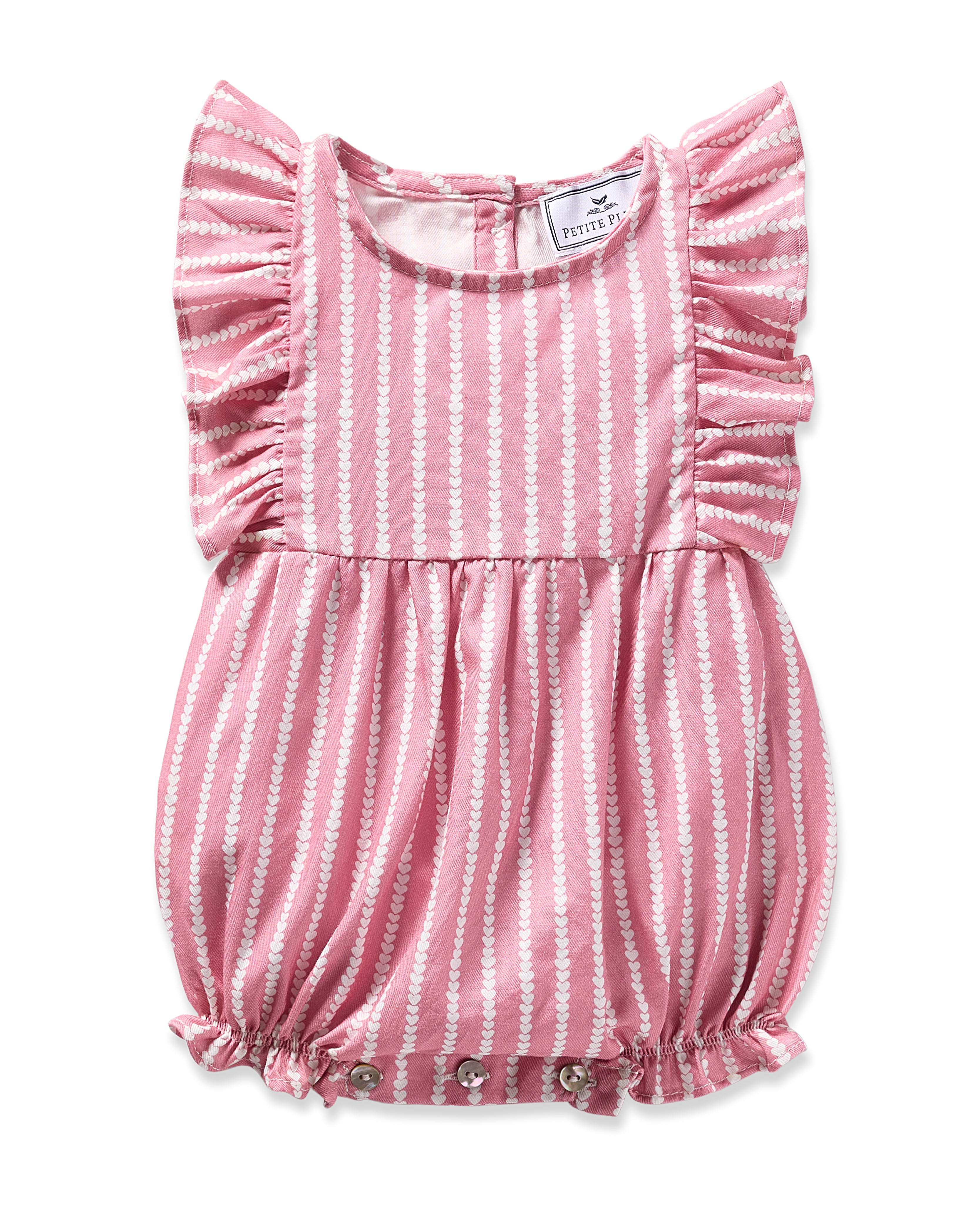 The Babys Twill Ruffled Romper in Love Lines by Petite Plume is a pink romper with white vertical stripes, ruffled sleeves, and a textured wavy pattern reminiscent of Victorian era rompers. It features snap buttons at the bottom for easy fastening.