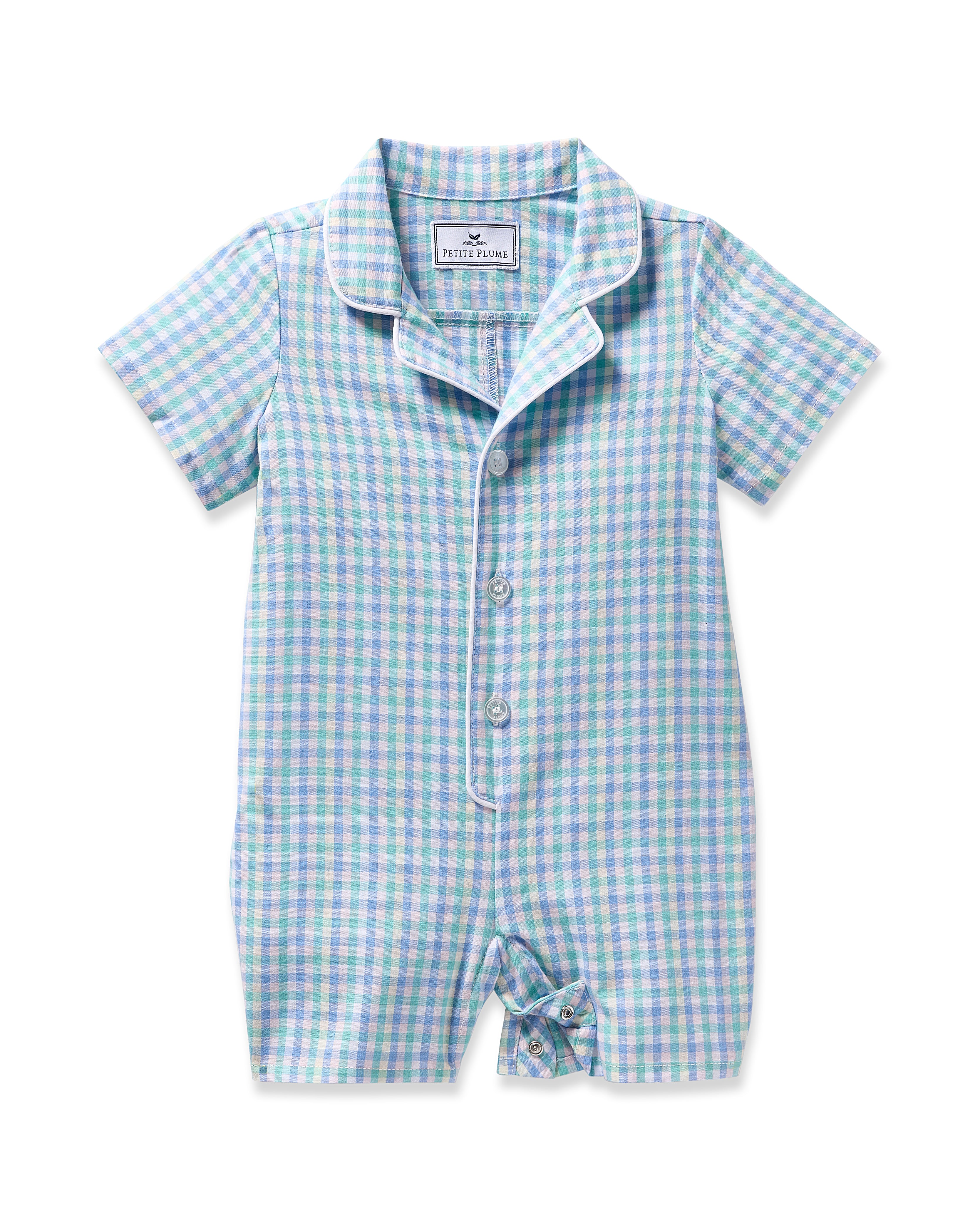 The Babys Twill Summer Romper in Spring Gingham by Petite Plume is made of brushed twill fabric with a light blue and green check pattern. It features a white-trimmed collar, a three-button front, and a small bow detail at the bottom.