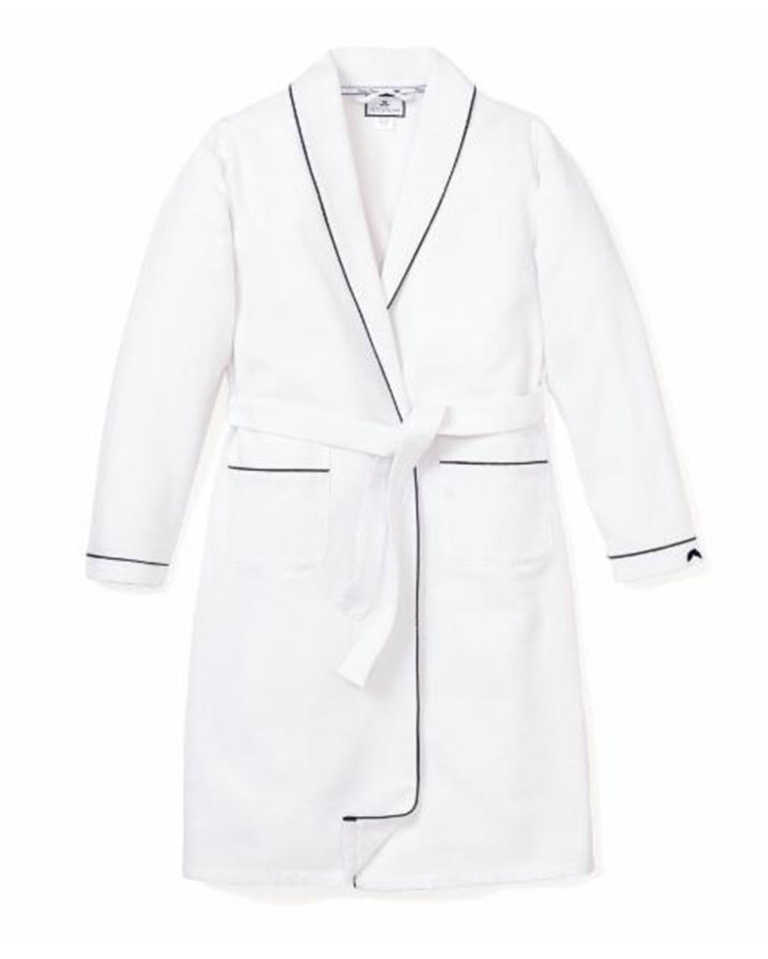 The Kids Flannel Robe by Petite Plume features navy piping, a shawl collar, two front pockets, and a matching belt for a secure fit. Made from flame-retardant fabric, it ensures safety and comfort against a plain white background for an elegant look.