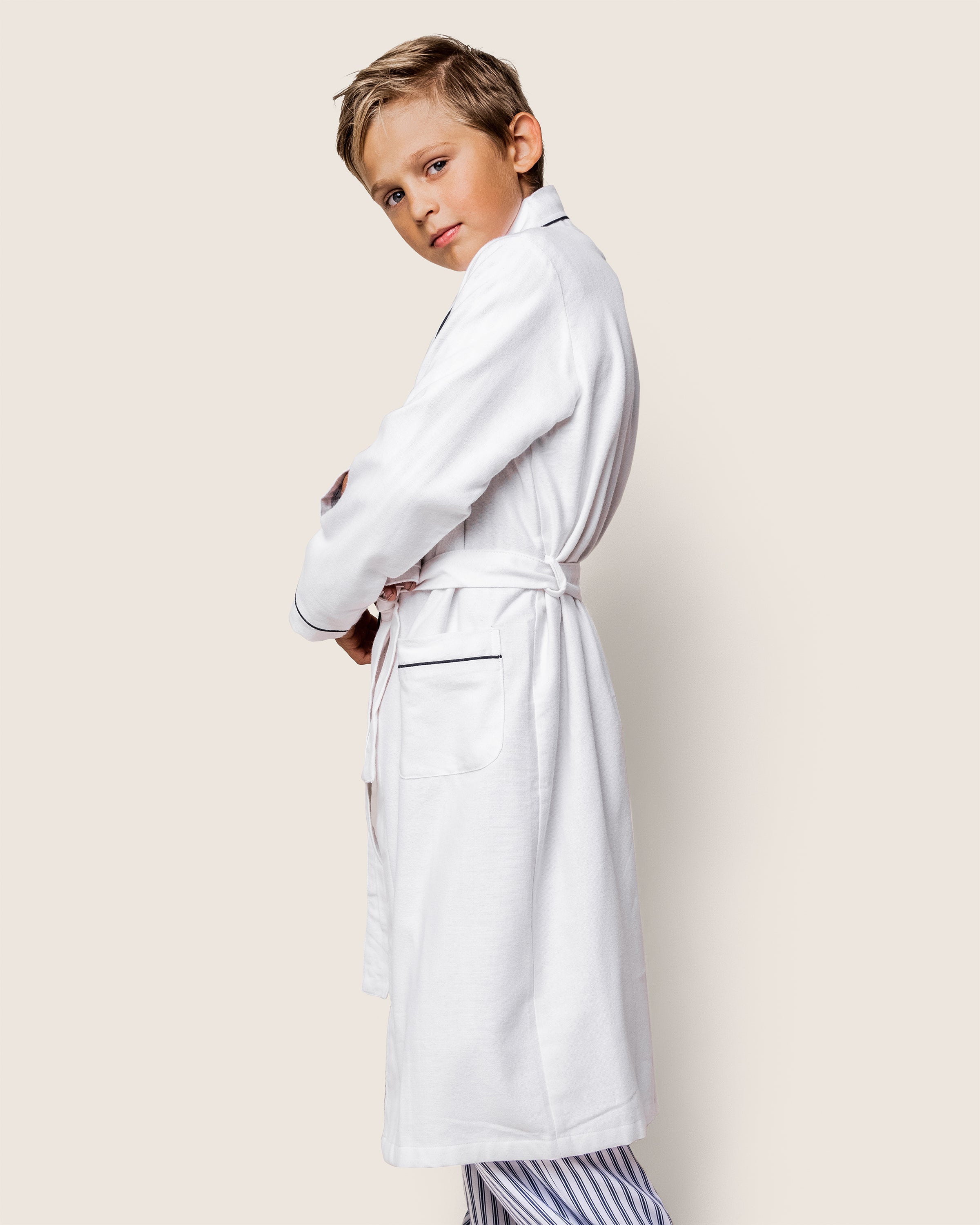 Kid's Flannel Robe in White with Navy Piping