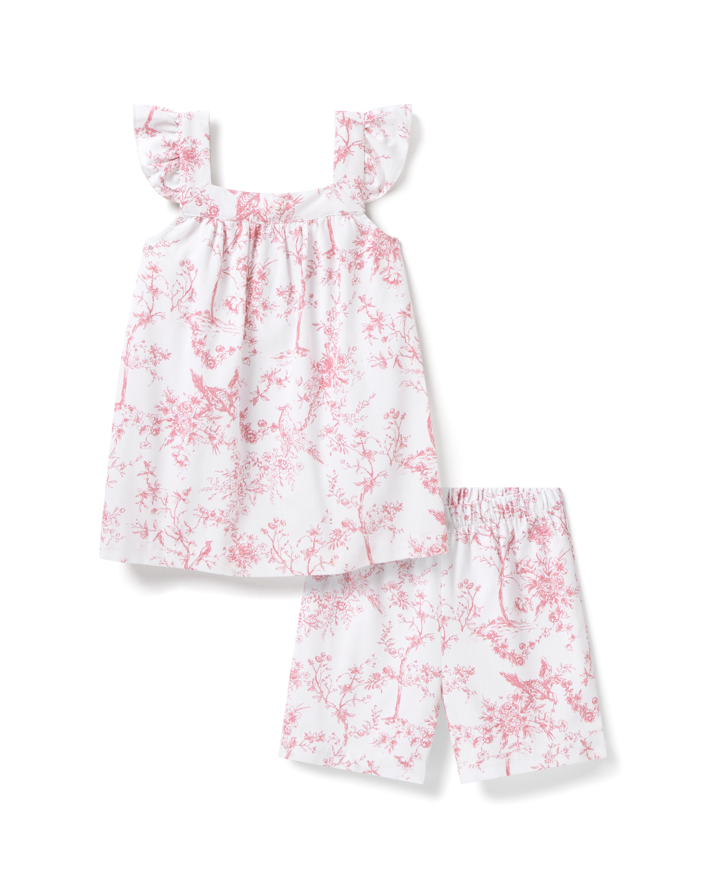 Petite Plumes Girls Twill Clara Short Set in Pink Timeless Toile includes a childs two-piece cotton sleepwear with a sleeveless, ruffled strap top and matching shorts, all adorned in a white backdrop with pink florals and bird patterns for dreamy comfort.