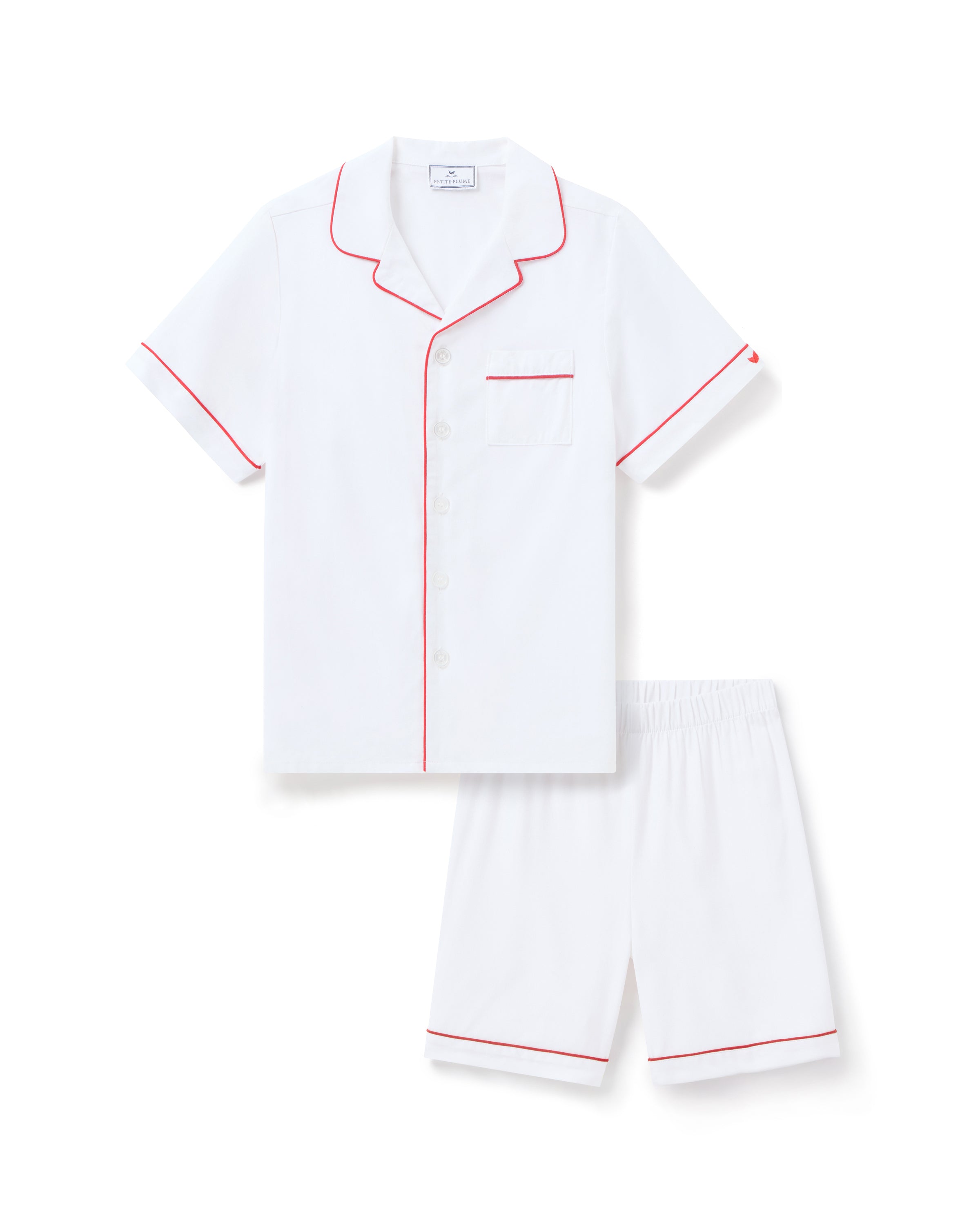 Kid's White Twill Short Set with Red Piping