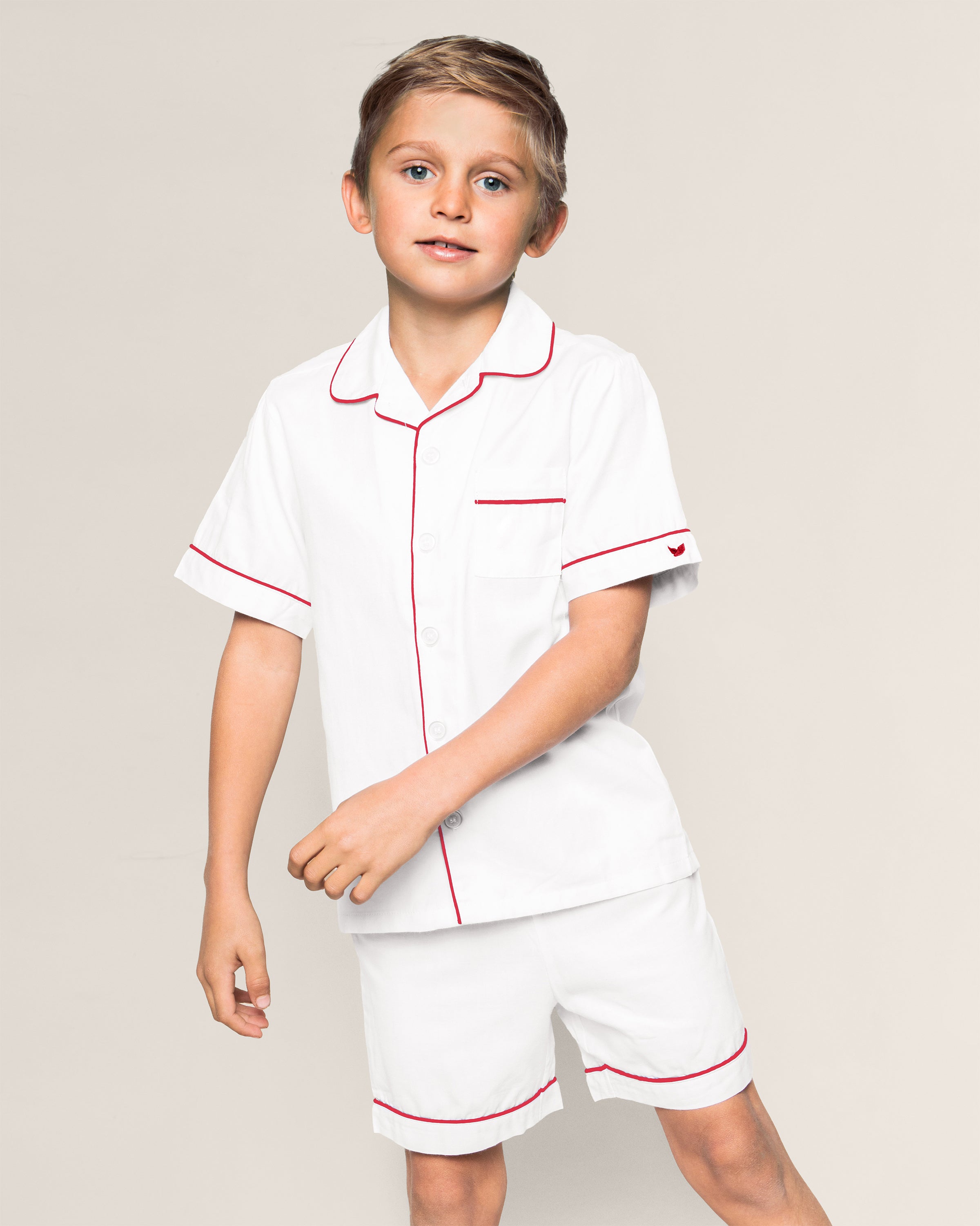 Kid's White Twill Short Set with Red Piping