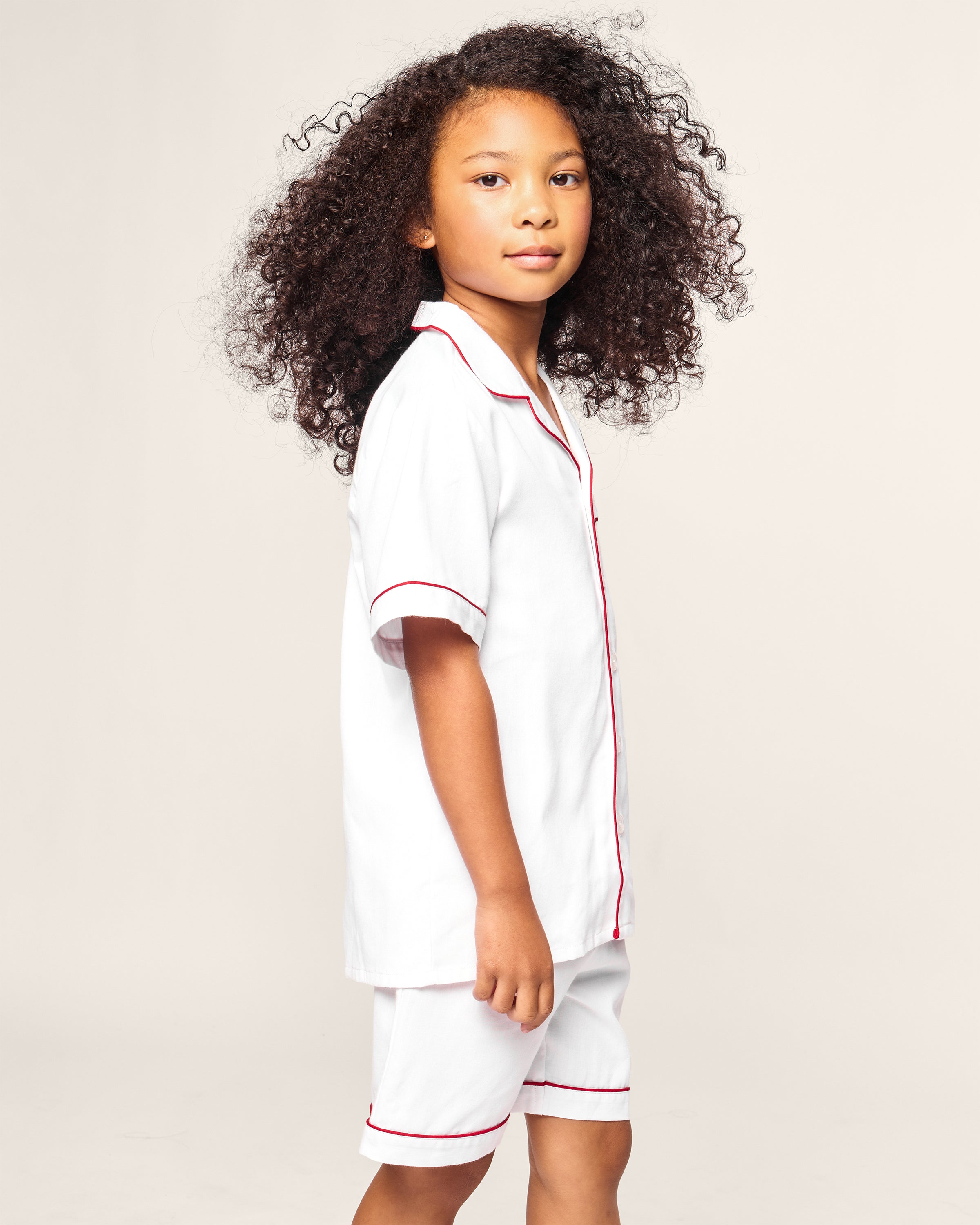 Kid's White Twill Short Set with Red Piping