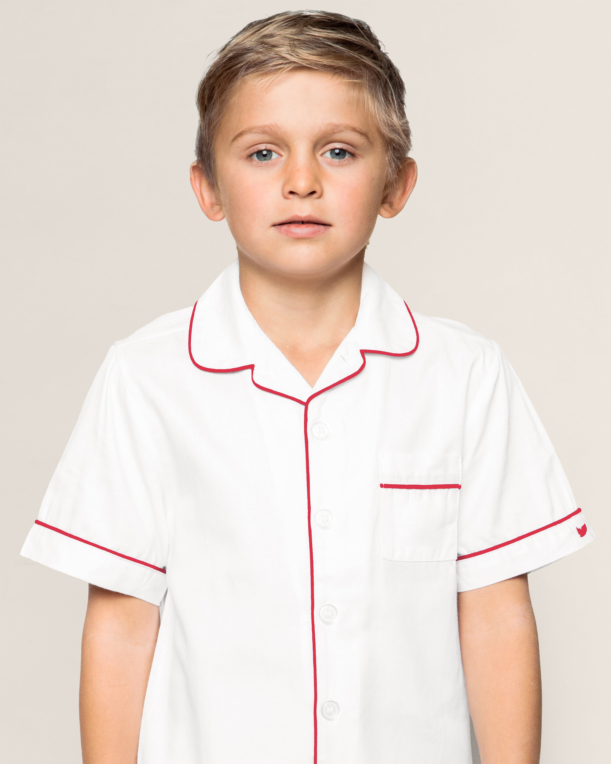 Kid's White Twill Short Set with Red Piping