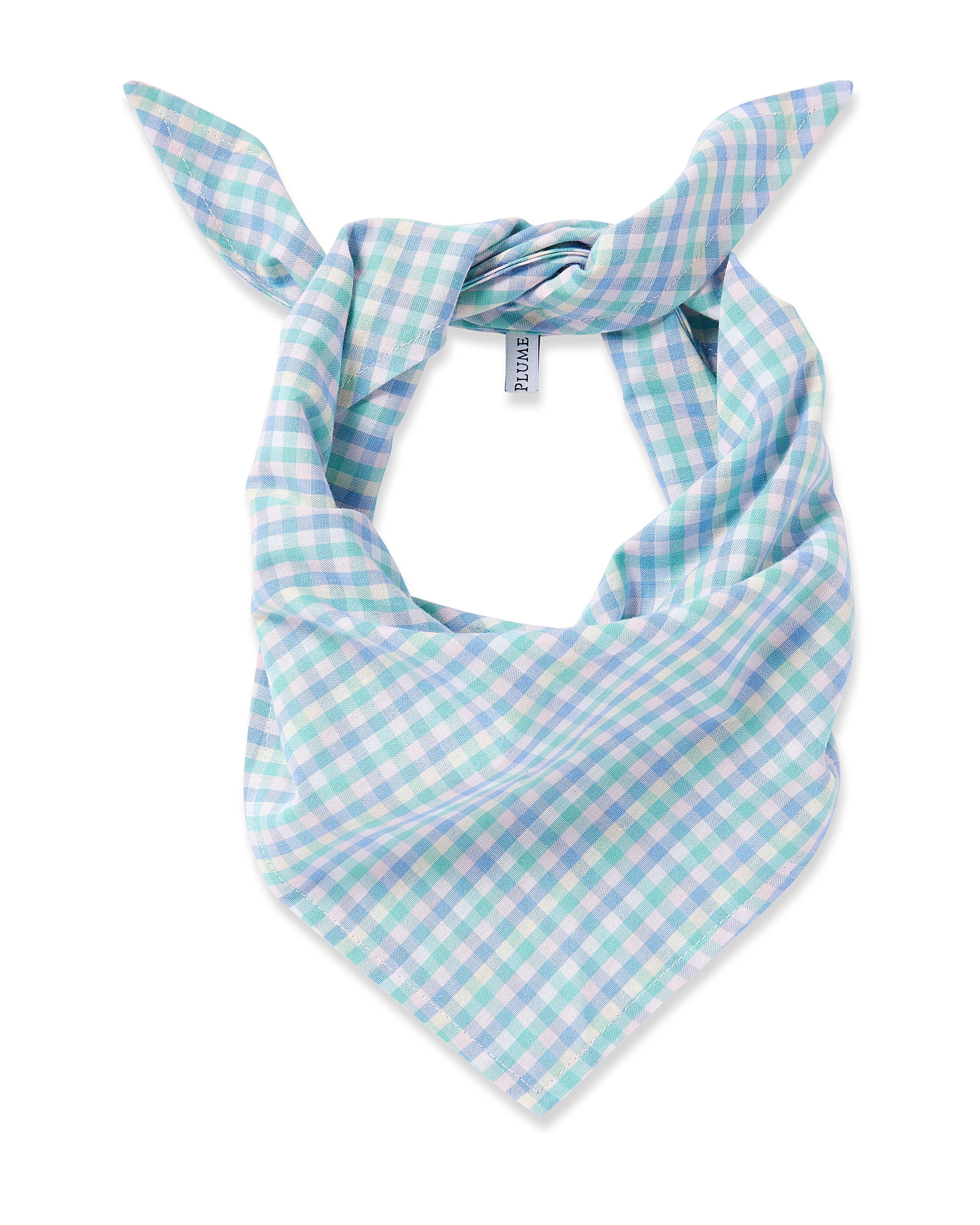 The Petite Plume Dog Twill Bandana in Spring Gingham is a stylish blue and white checkered dog accessory with a knotted top, elegantly displayed against a white background.