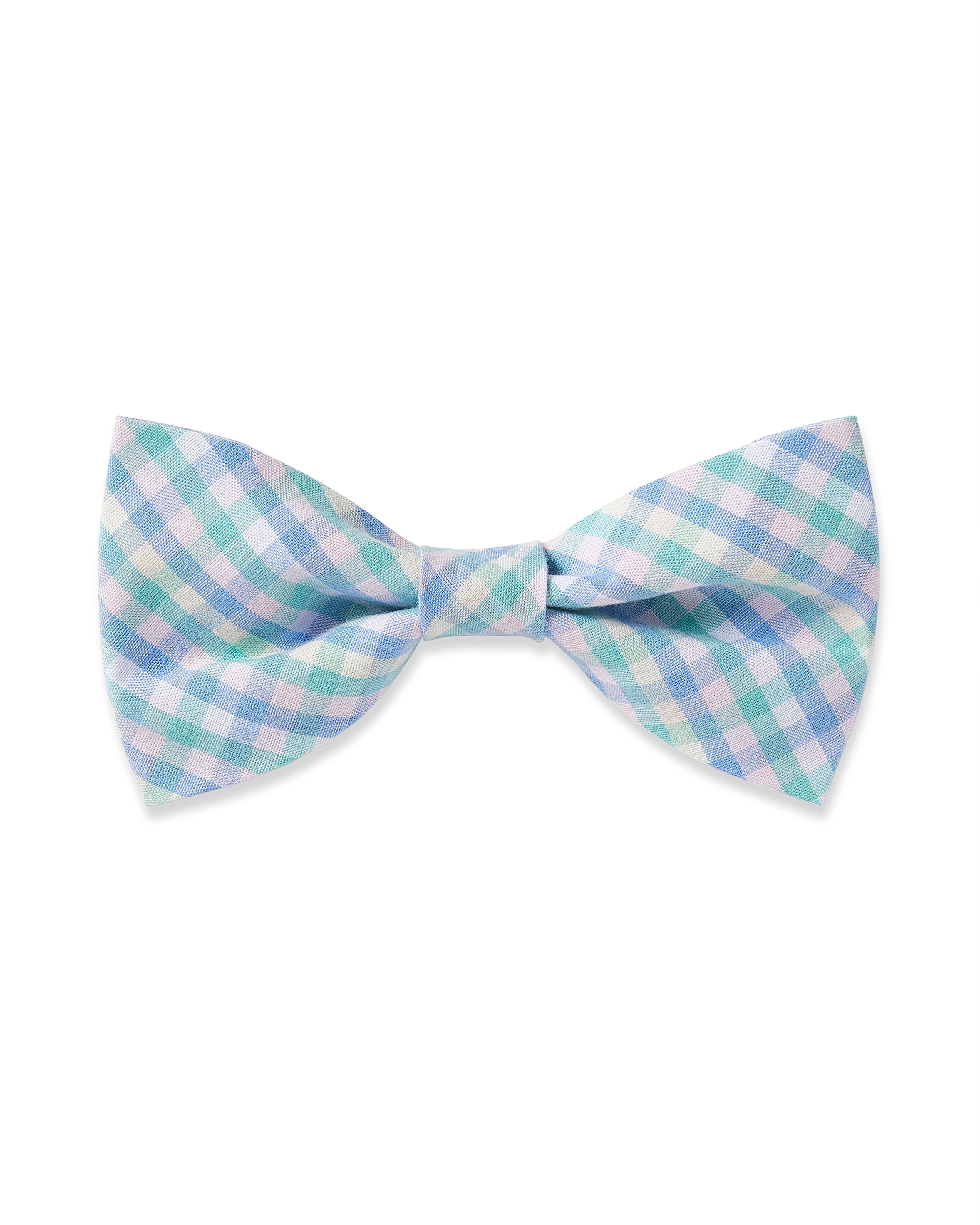 A Petite Plume dog twill bow tie in Spring Gingham, showcasing a charming blue and green gingham pattern on white.