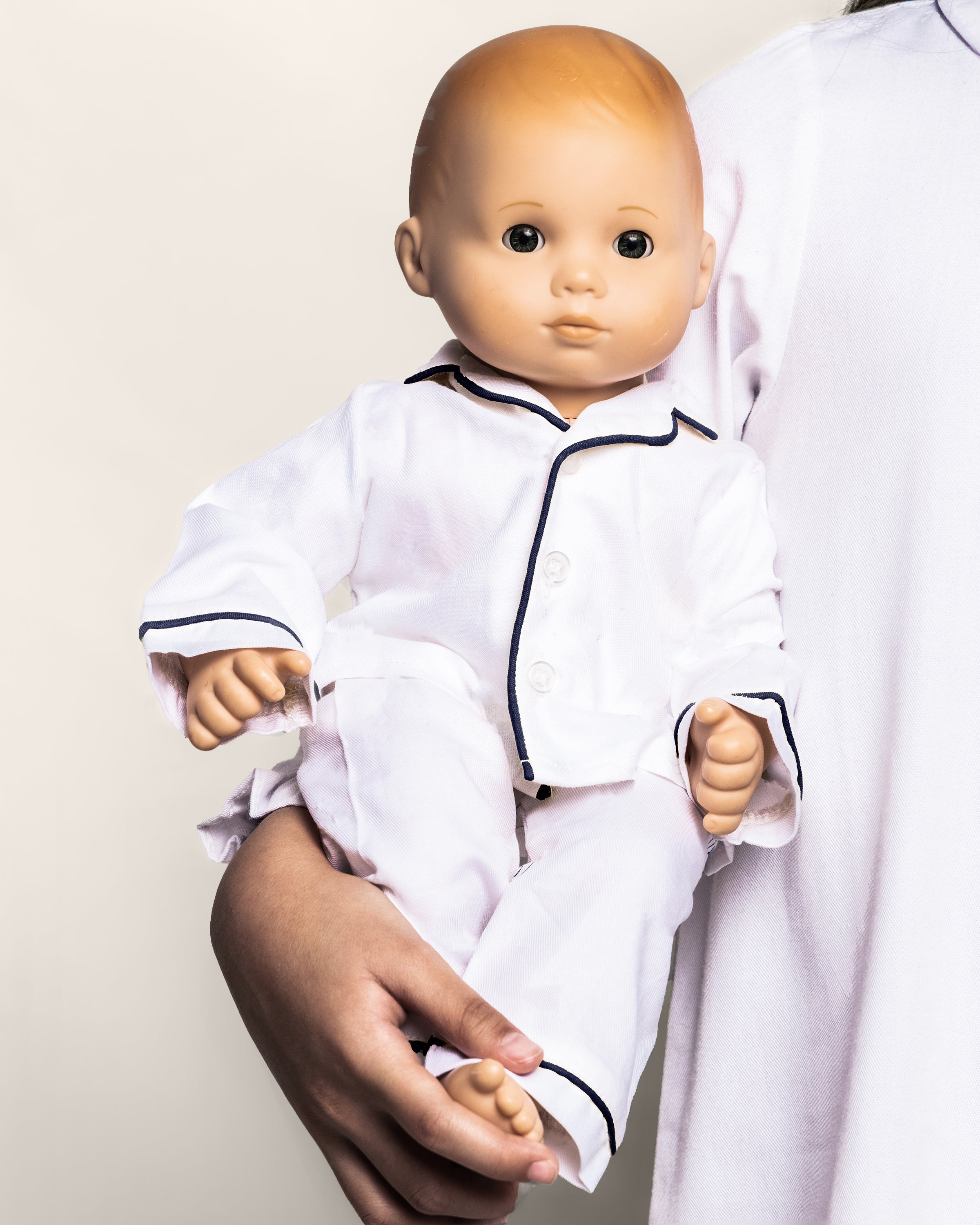 Kid's Twill Doll Pajamas in White with Navy Pipping