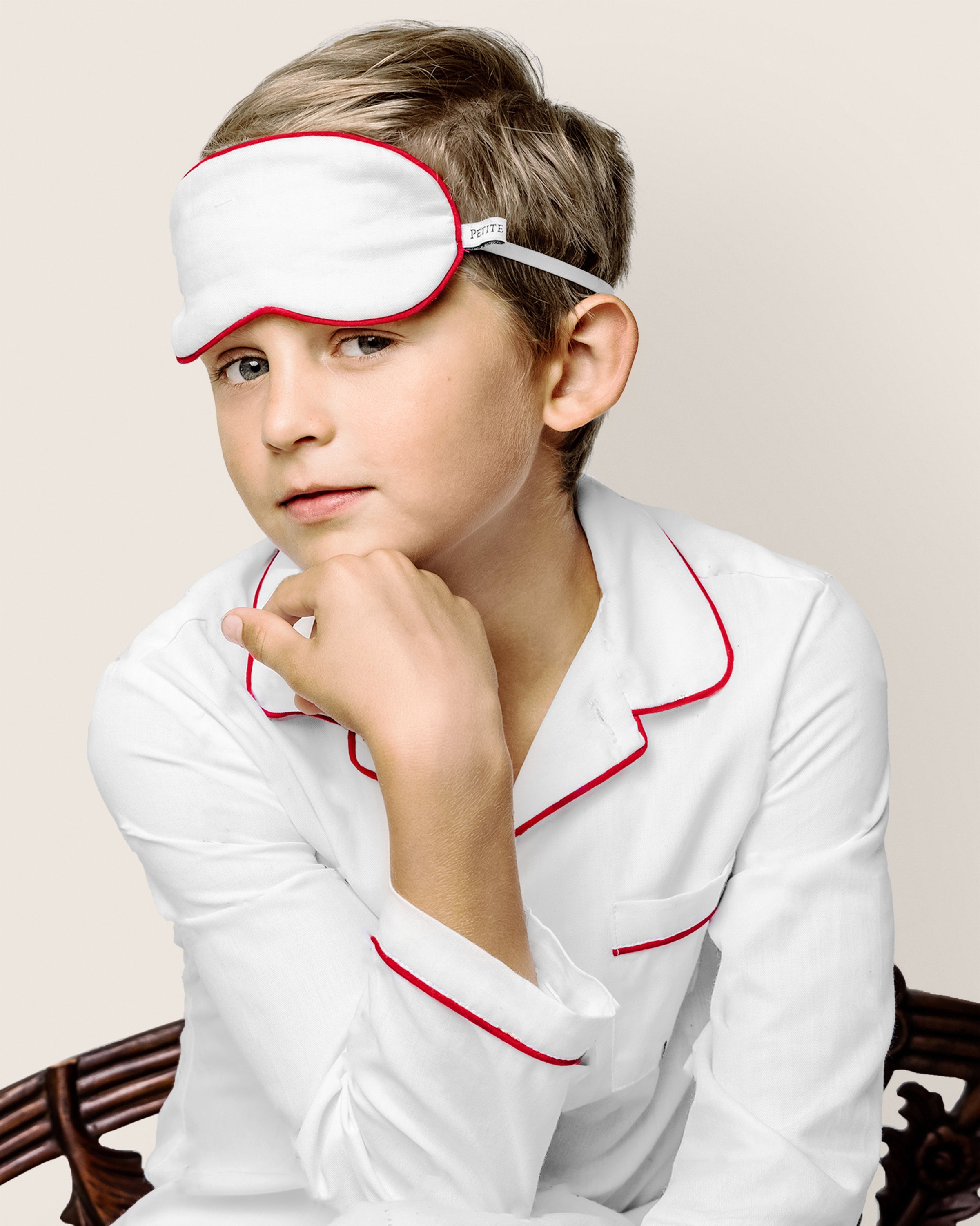 Kid's Twill Sleep Mask in White with Red Piping